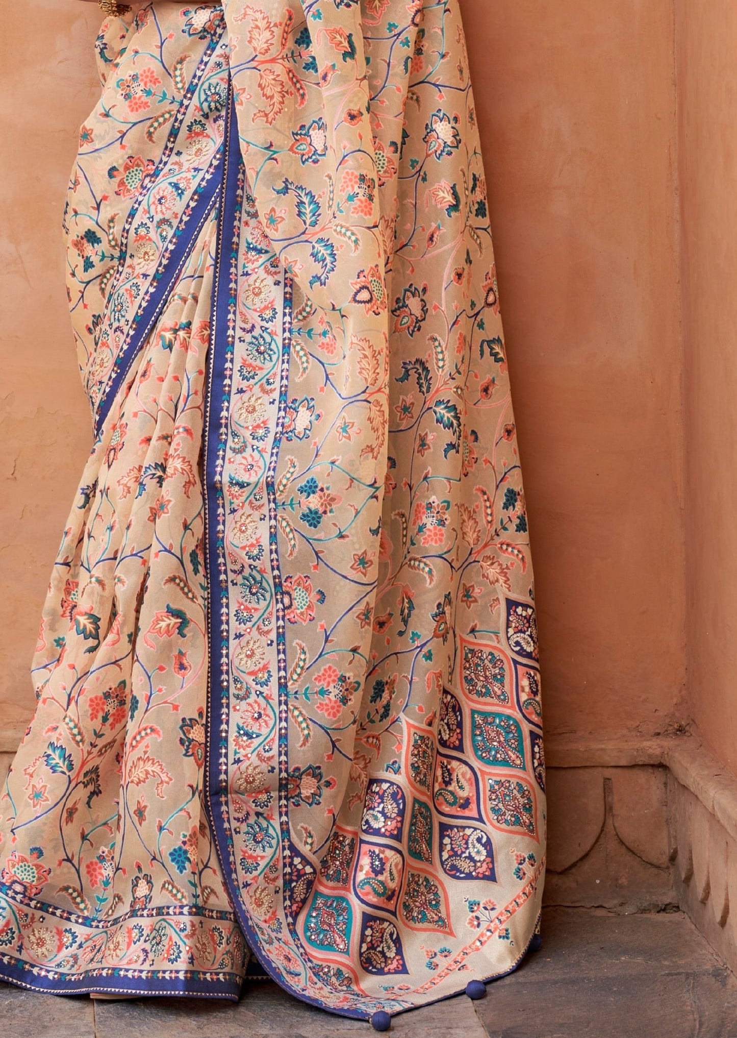 Peach tissue saree design online price.
