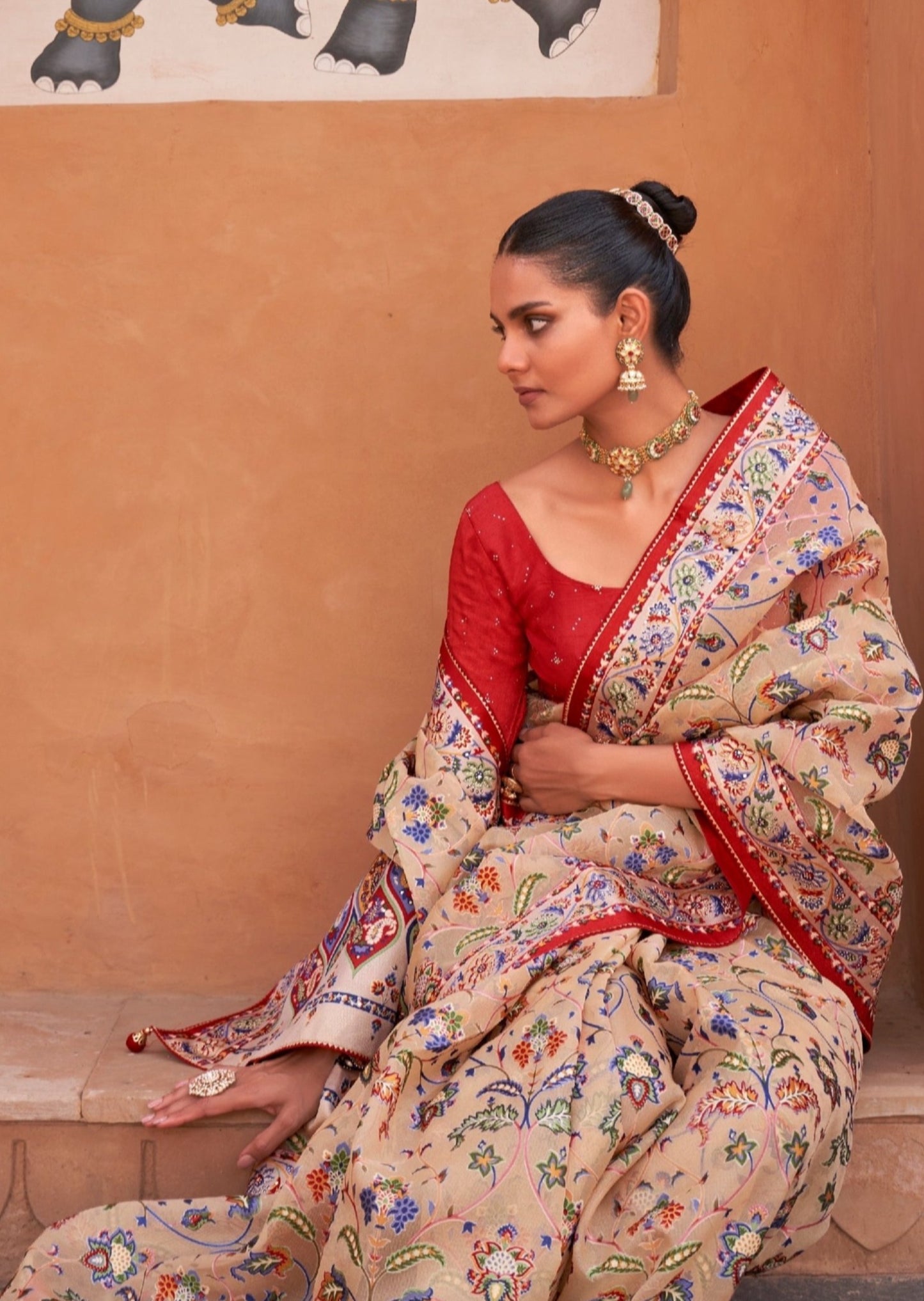 Peach Tissue Saree with Red Blouse