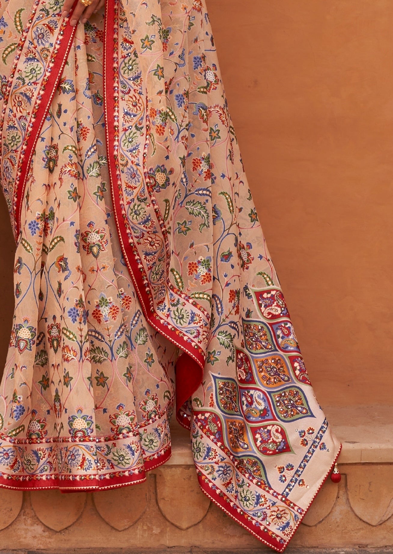 Peach Tissue Saree with Red Blouse