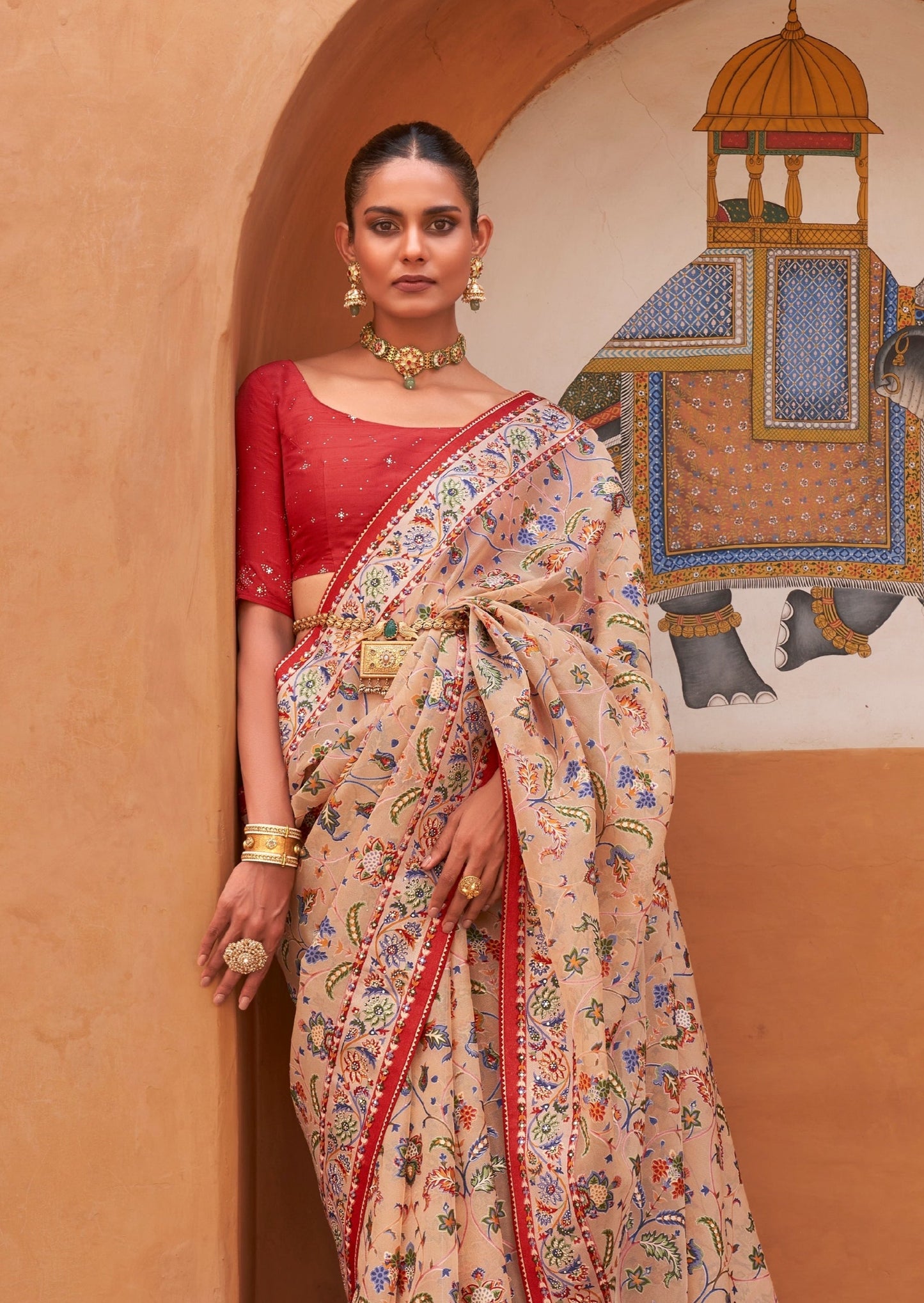 Peach Tissue Saree with Red Blouse