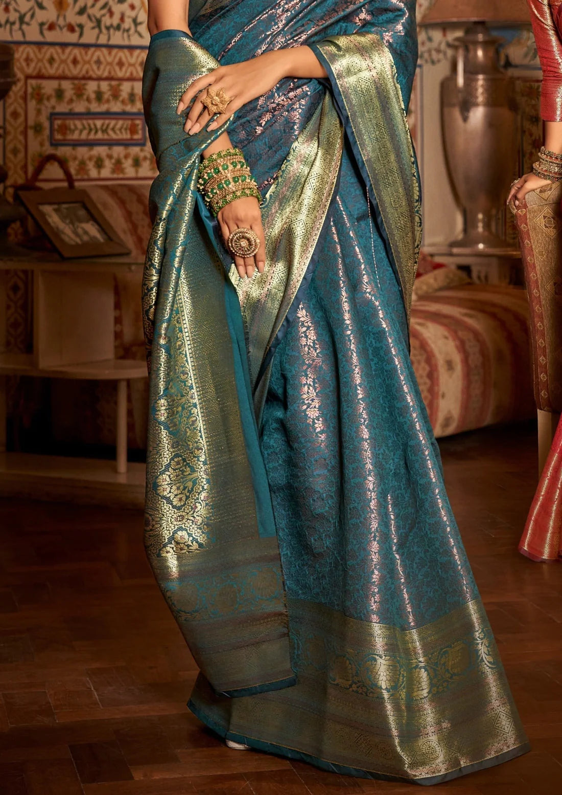 Peacock blue kanchipuram pattu silk sarees online shopping price.