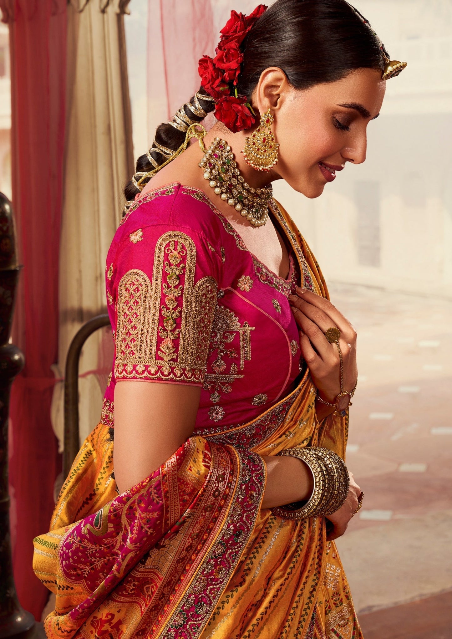 Pink and Yellow Banarasi Silk Bridal Lehenga Choli