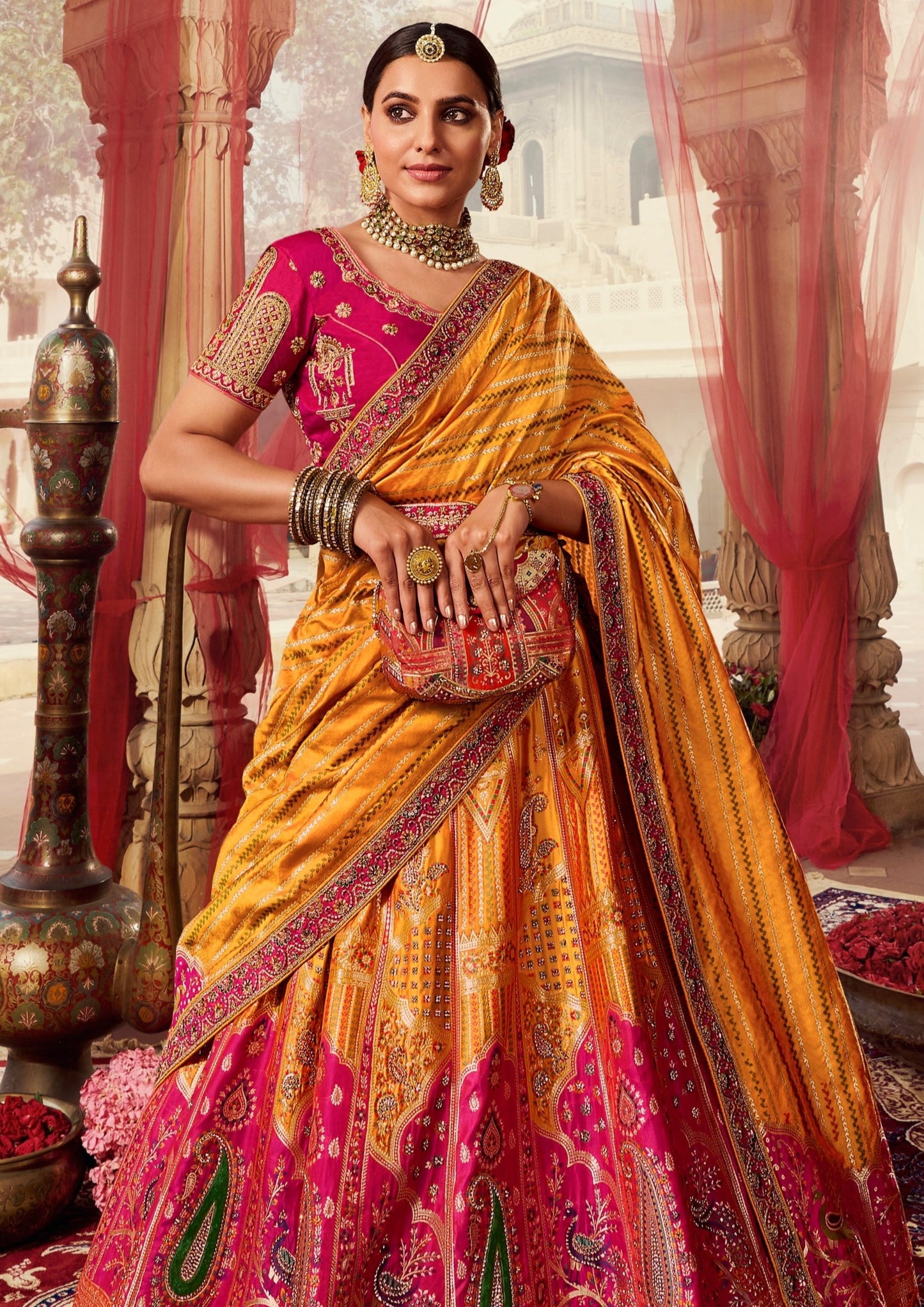 Pink and Yellow Banarasi Silk Bridal Lehenga Choli