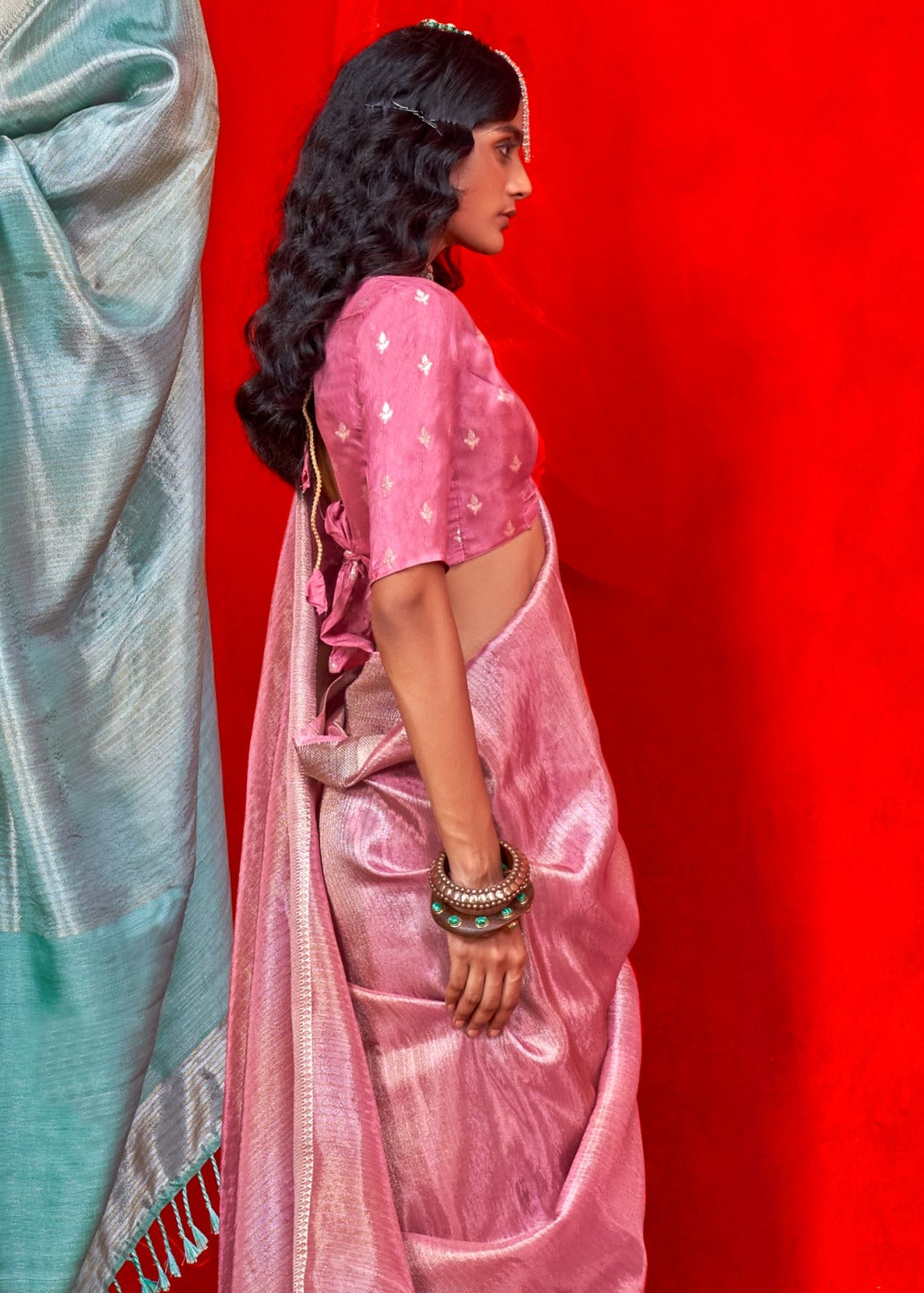 Buy pink banarasi tissue silk handloom saree online for bride.