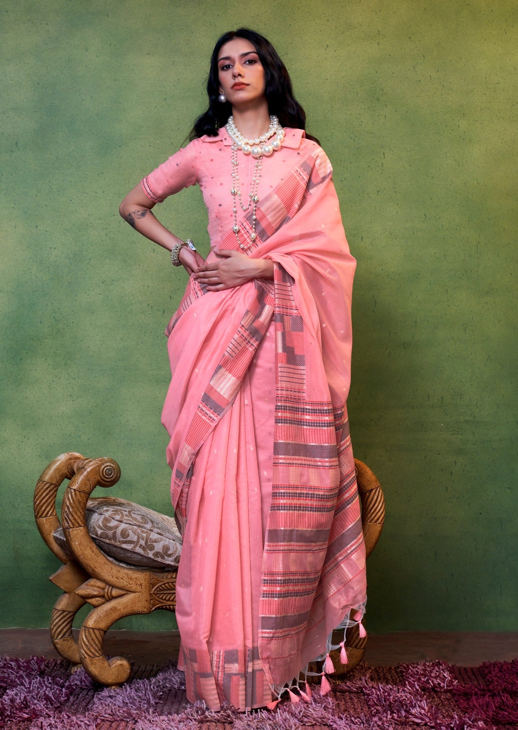Handcrafted Cotton Saree -Bright Turquoise + Pink Flush