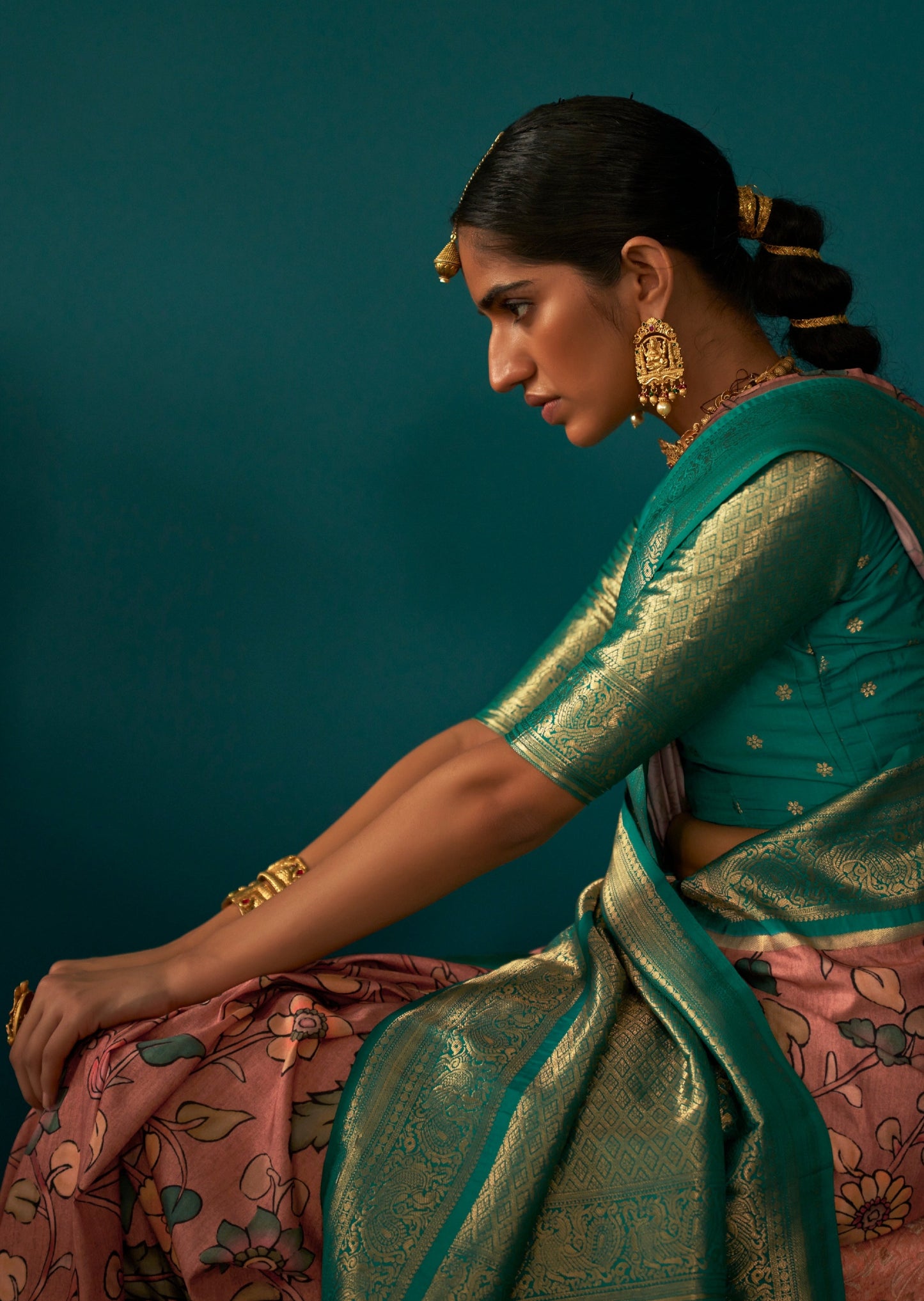Peachy Pink Kalamkari Saree with Banarasi Border