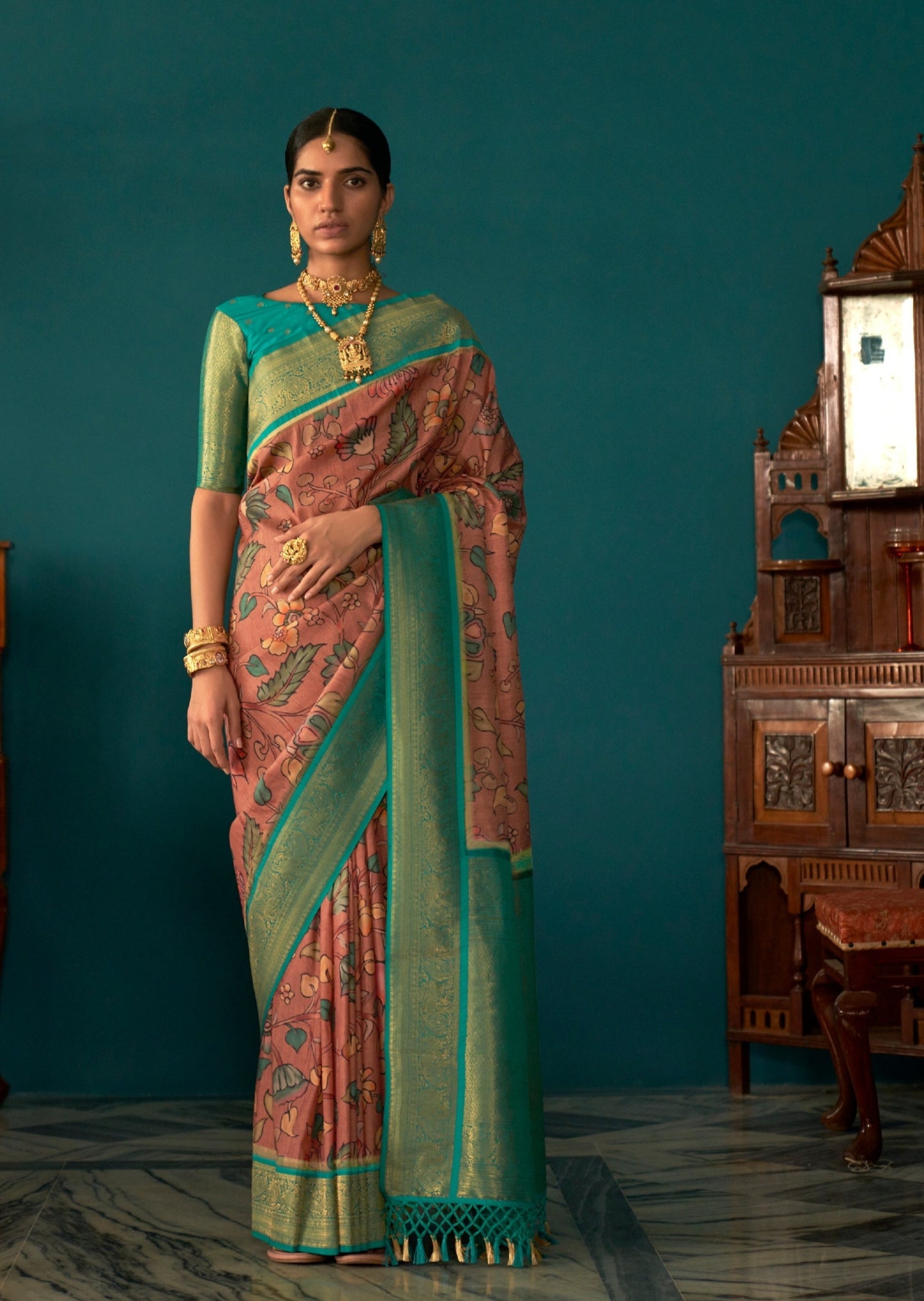 Peachy Pink Kalamkari Saree with Banarasi Border