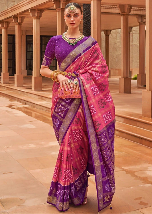 Zari Checks Patola Silk Rose Pink Saree