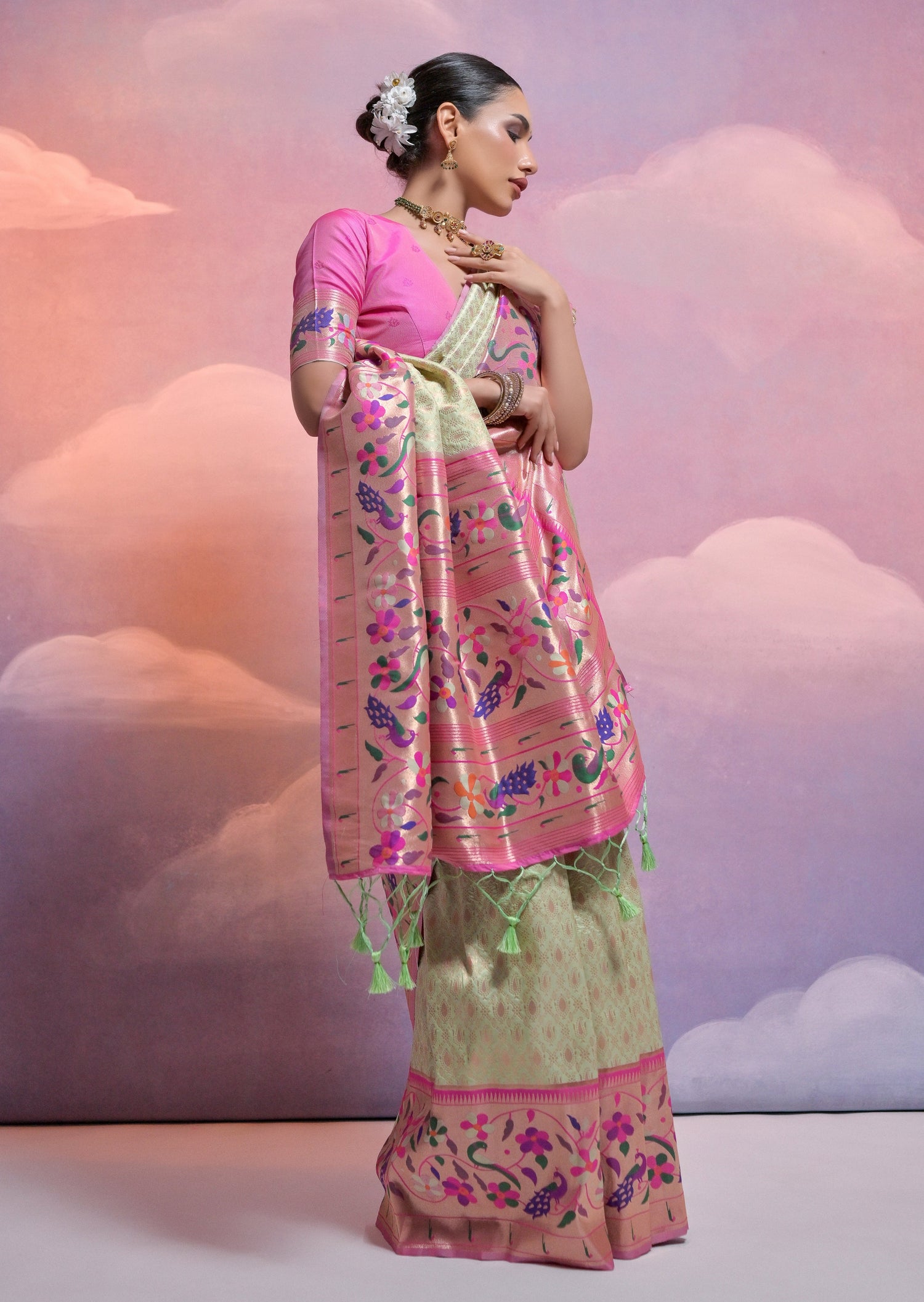 Pista green triple muniya border paithani silk handloom saree online price.