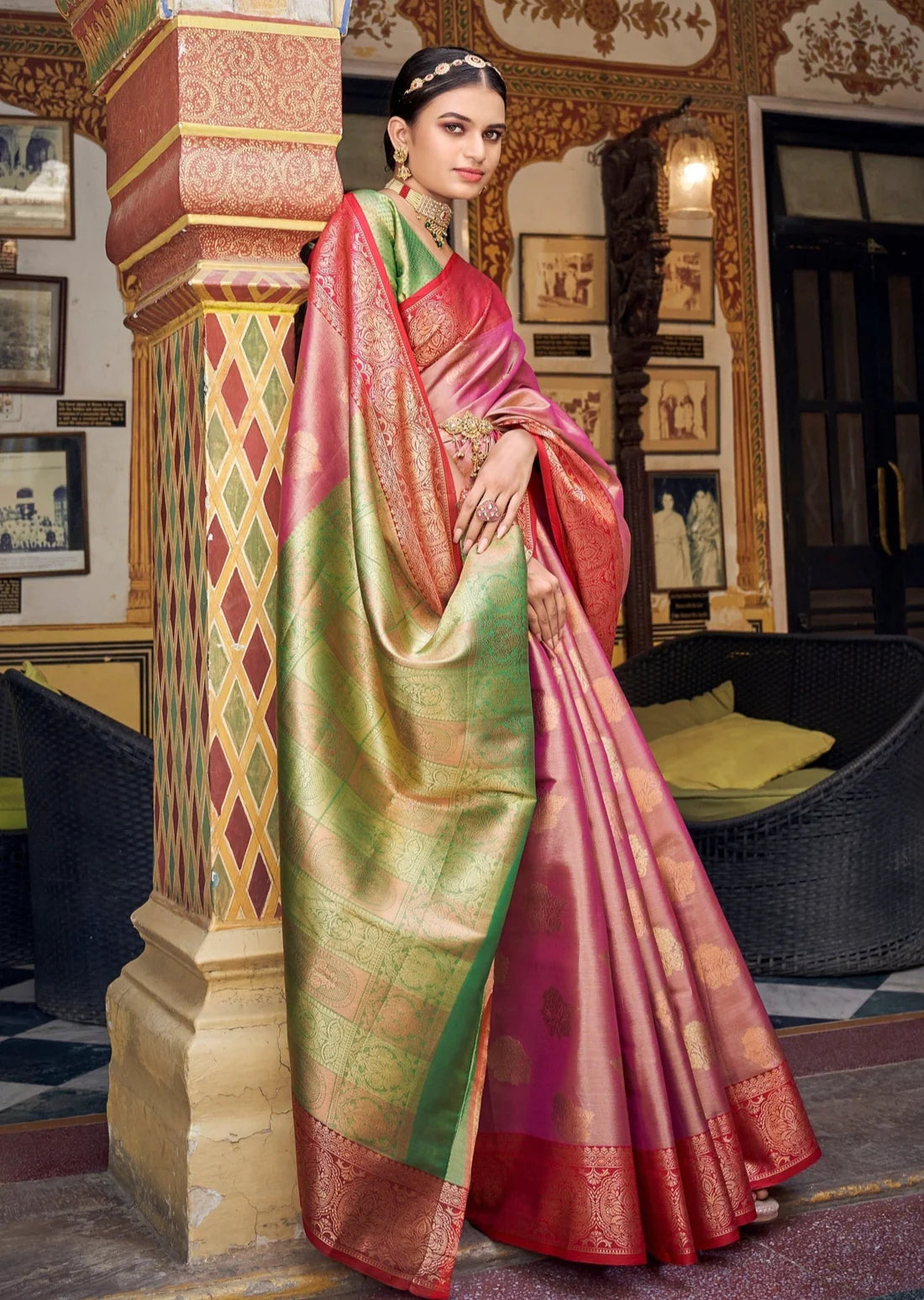 Pure banarasi handloom pink tissue silk saree blouse online price.