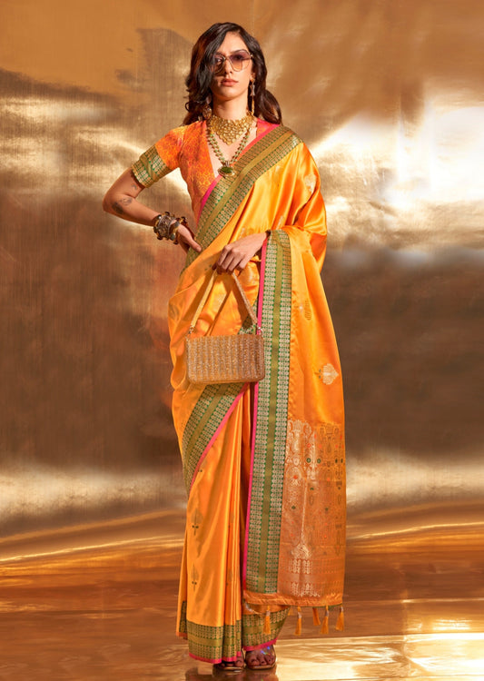 Pure banarasi handloom satin silk yellow saree online shopping for wedding with price.