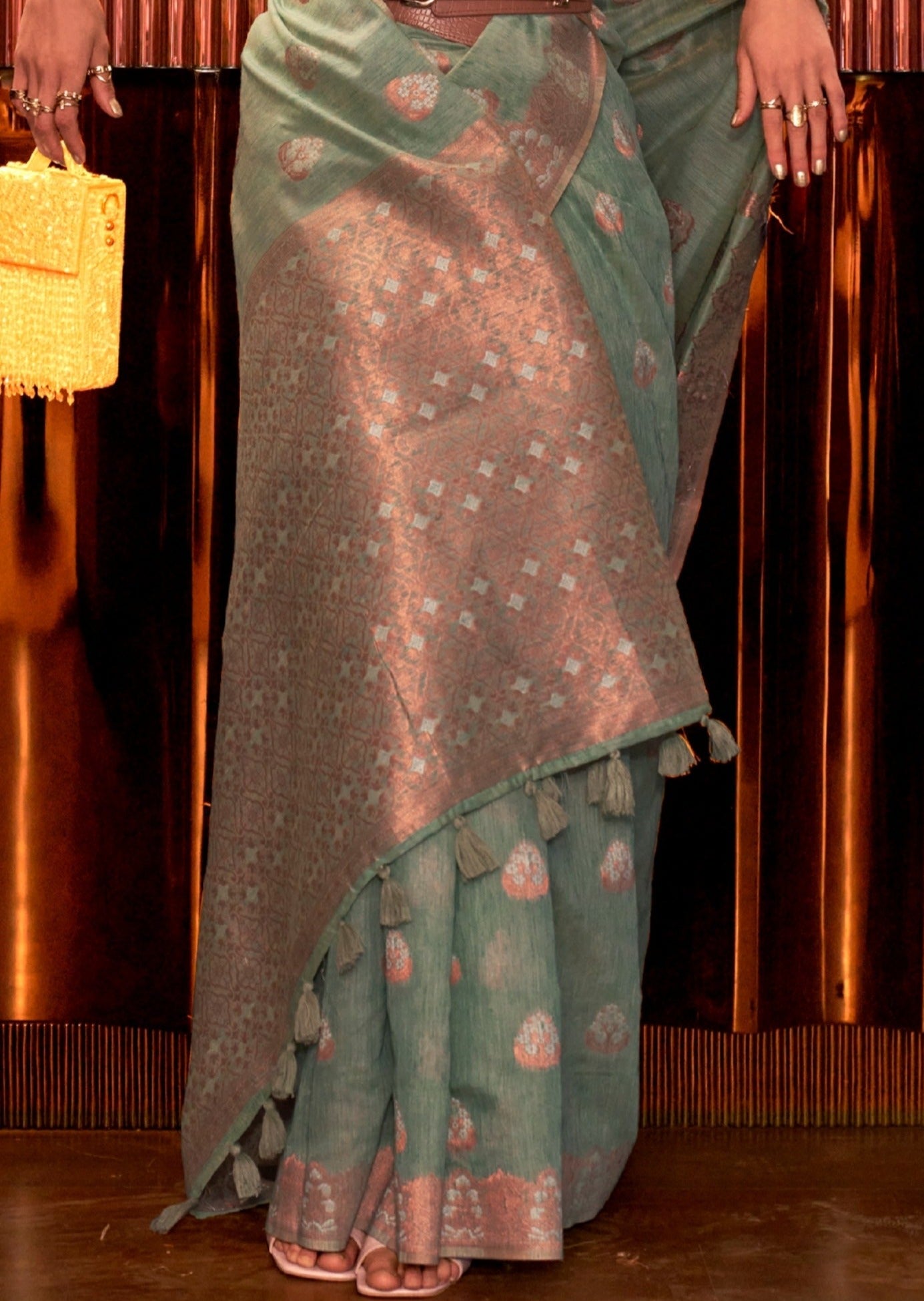 Pure banarasi linen green handloom zari saree online shopping with price india uk usa for summer wedding.