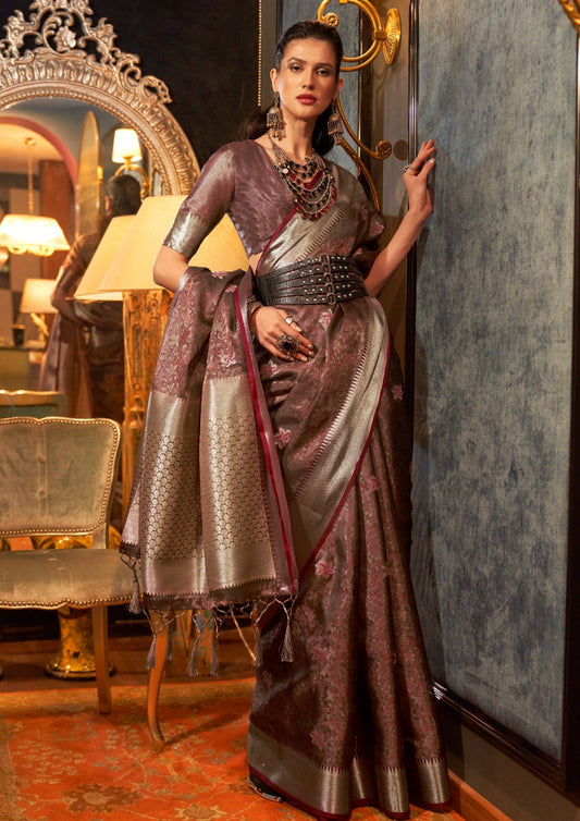 Coffee brown colour banarasi organza saree blouse designs online shopping in india.