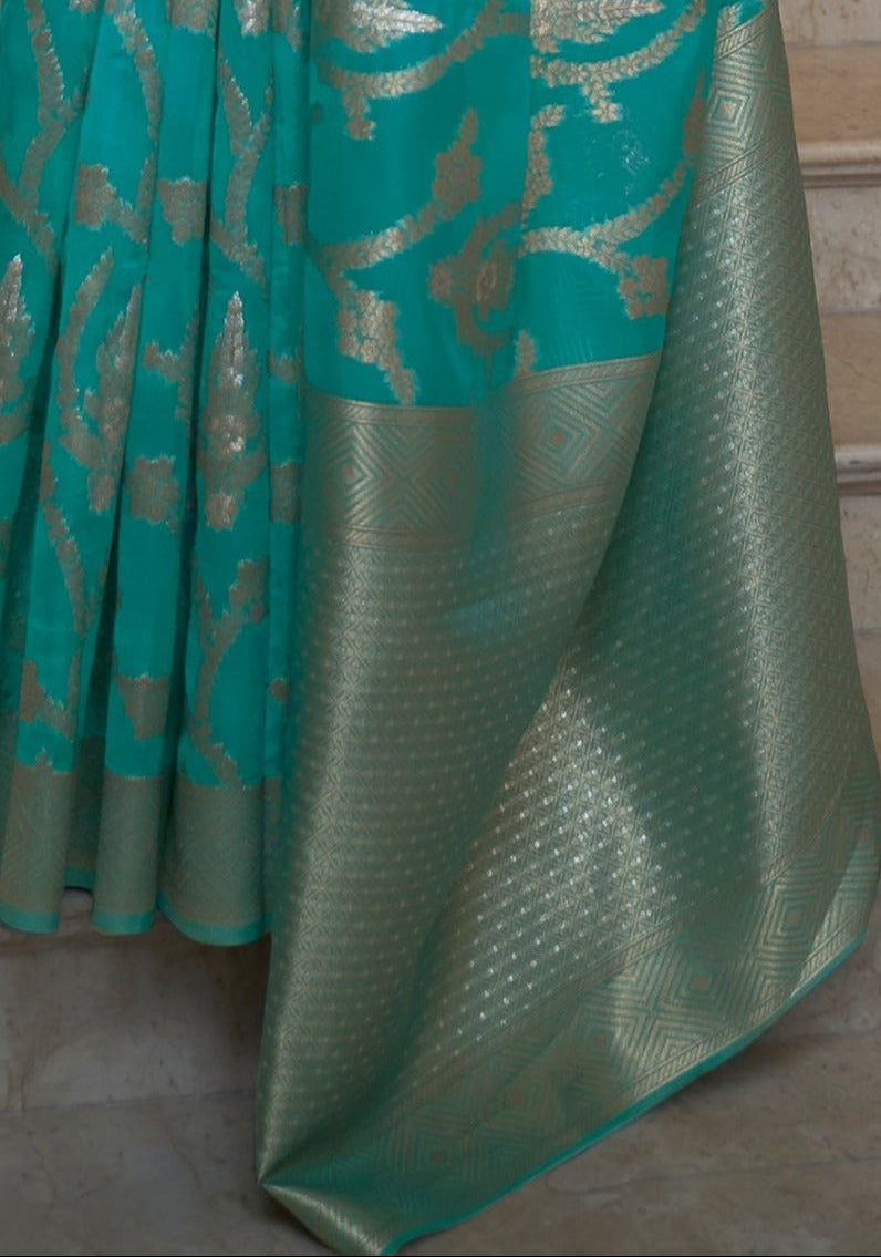 Pure Banarasi Organza Zari Handloom Saree pallu design in Firozi Blue colour