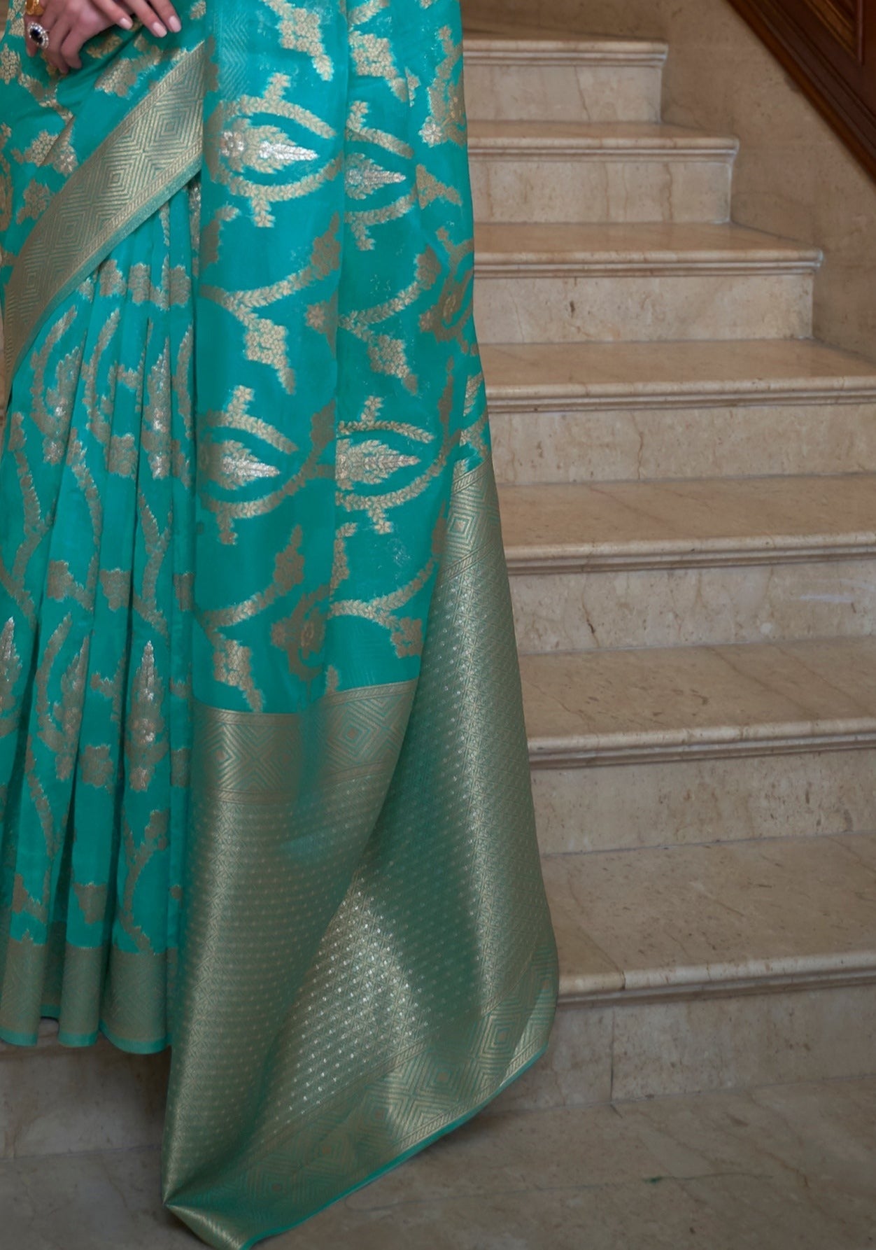 Pure Banarasi Organza Zari Handloom Saree pallu design in Firozi Blue colour