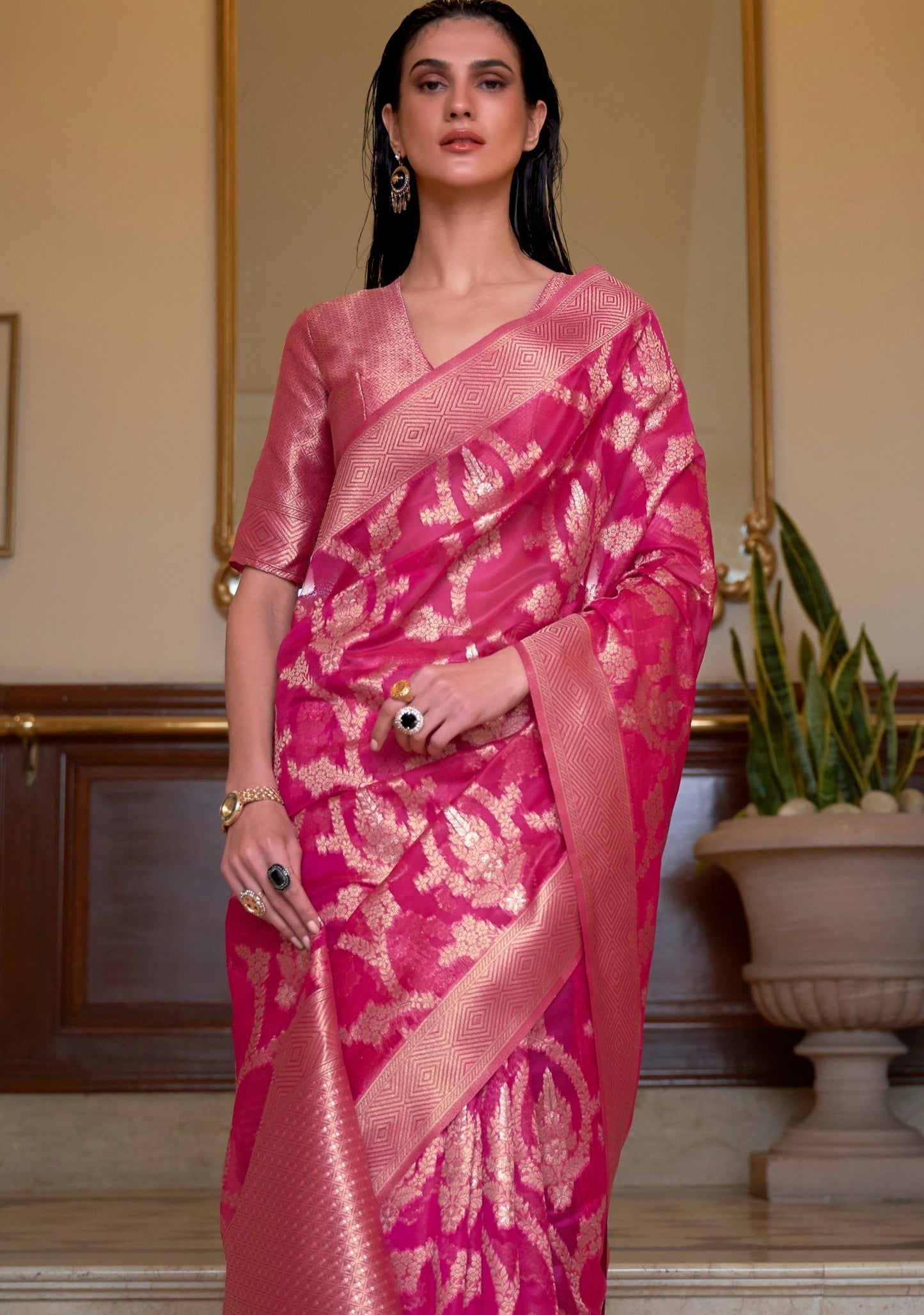 Pure banarasi organza zari work handloom saree online shopping with price in india usa uk uae in pink color.