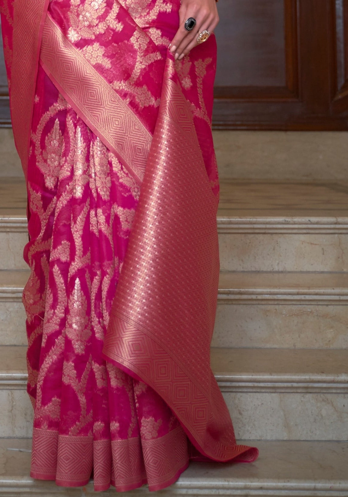 Pure banarasi organza zari work handloom saree online shopping best price in india usa uk uae in pink color.