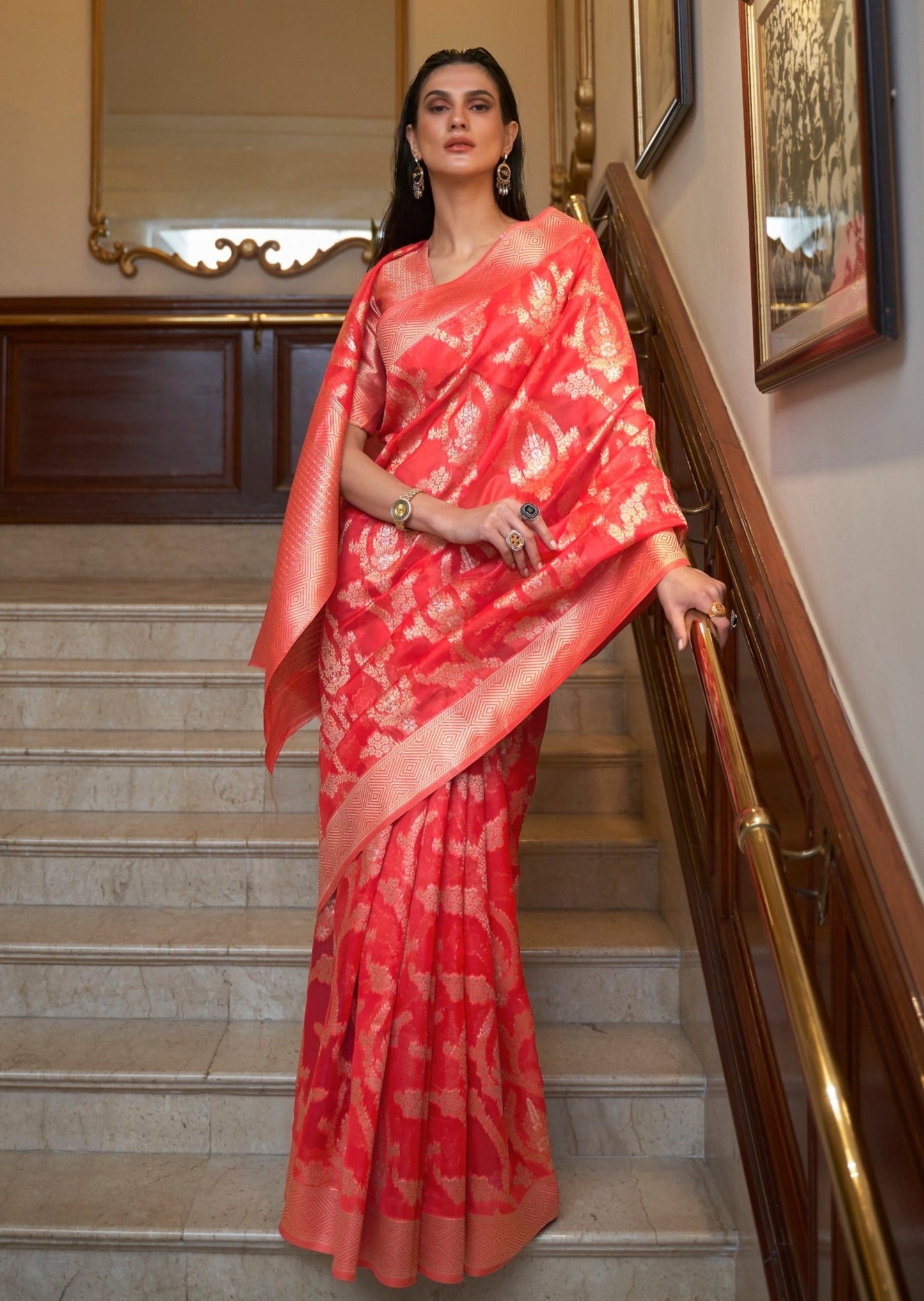 Woman's red colour pure banarasi organza zari handloom saree online india.