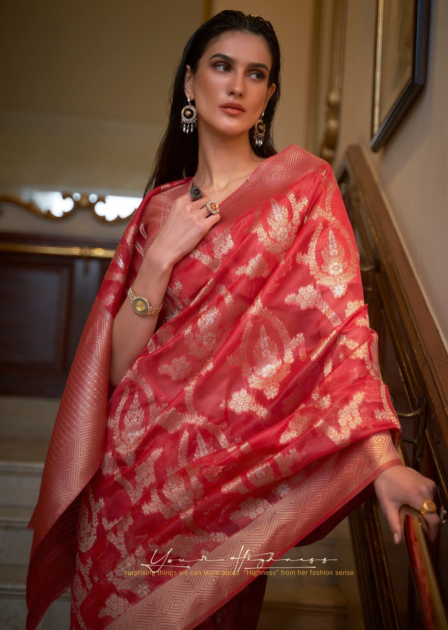 Red colour pure banarasi organza zari work handloom saree.