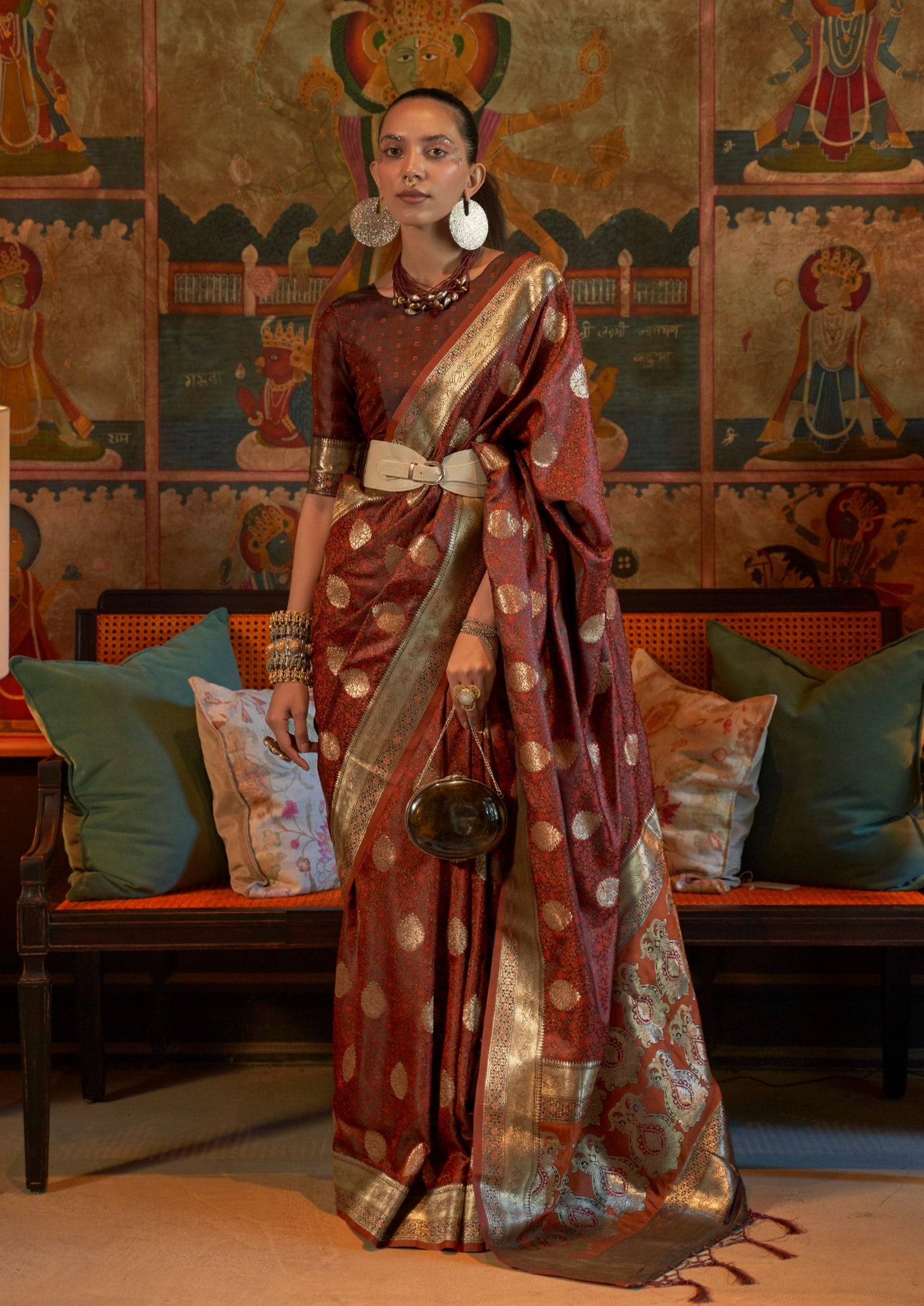 bride in Pure Banarasi Satin Silk Brown Handloom Saree