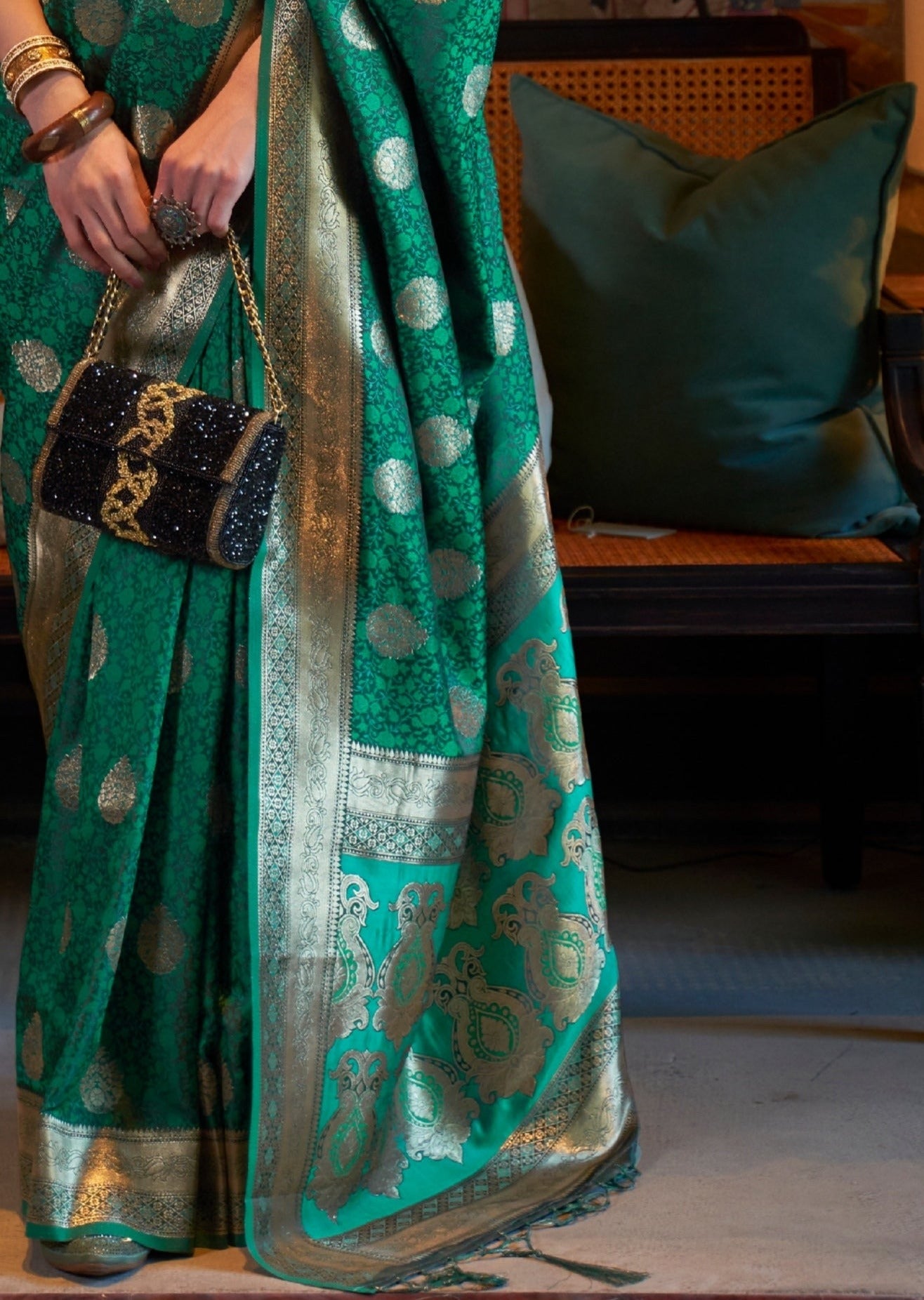 Green banarasi satin silk handloom saree pallu design online shopping price in India.