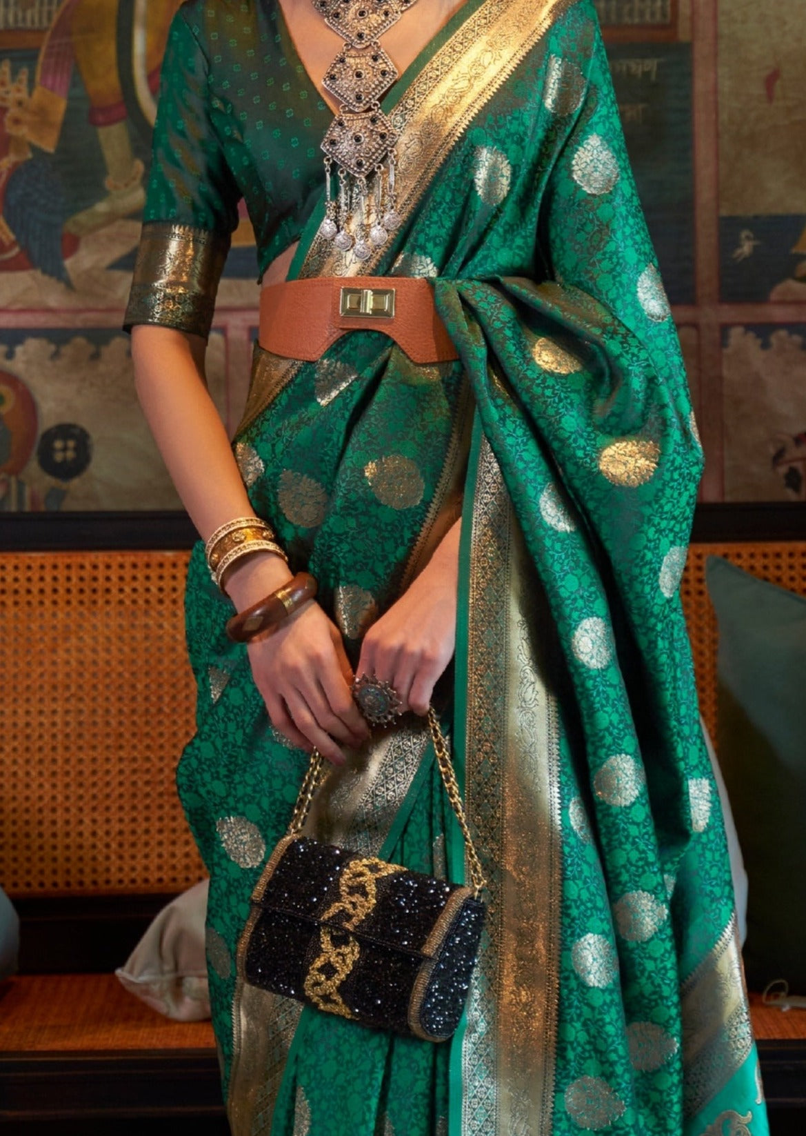 Green banarasi satin silk handloom saree blouse design online shopping india.