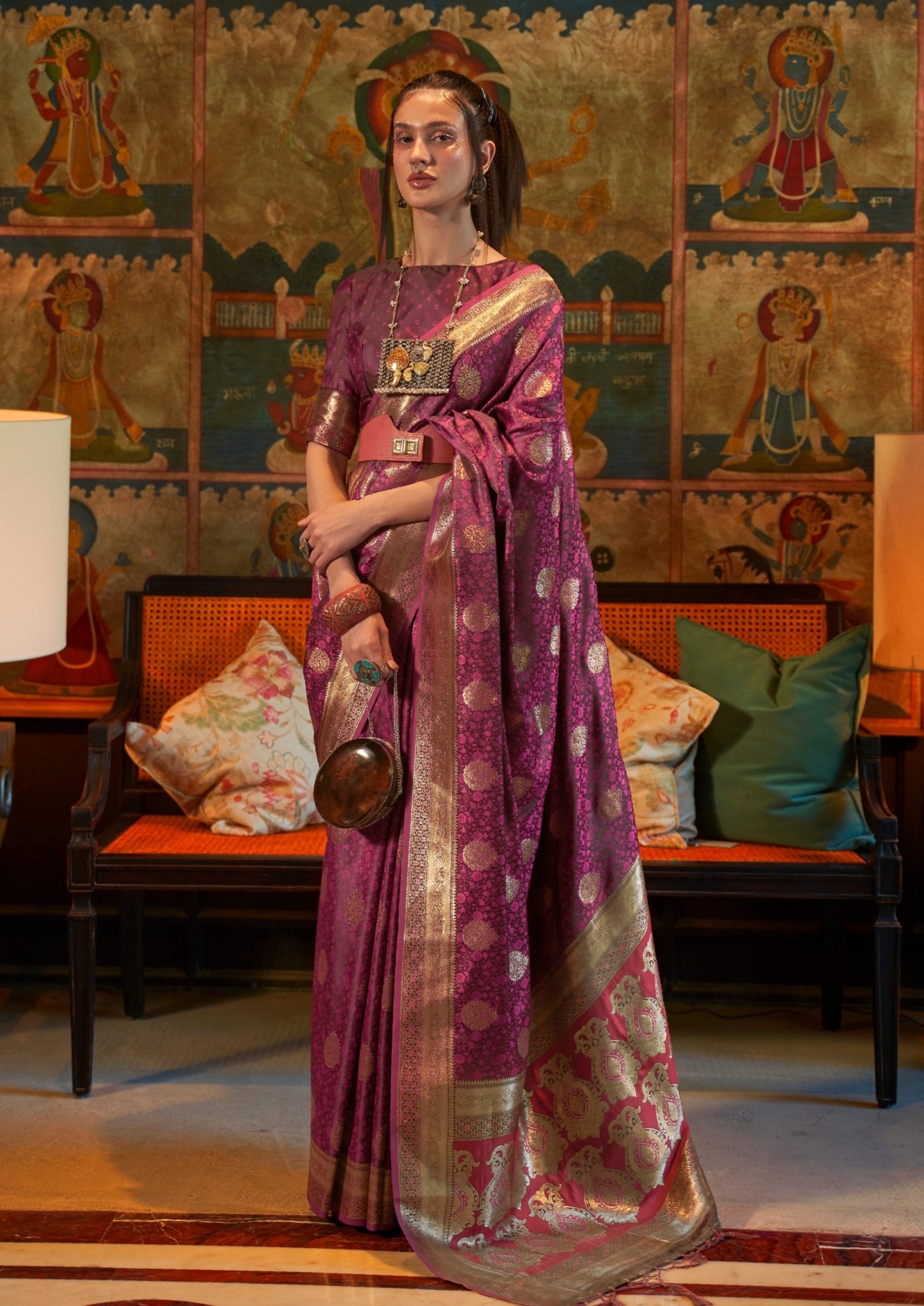 woman in magenta pink banarasi satin silk saree blouse