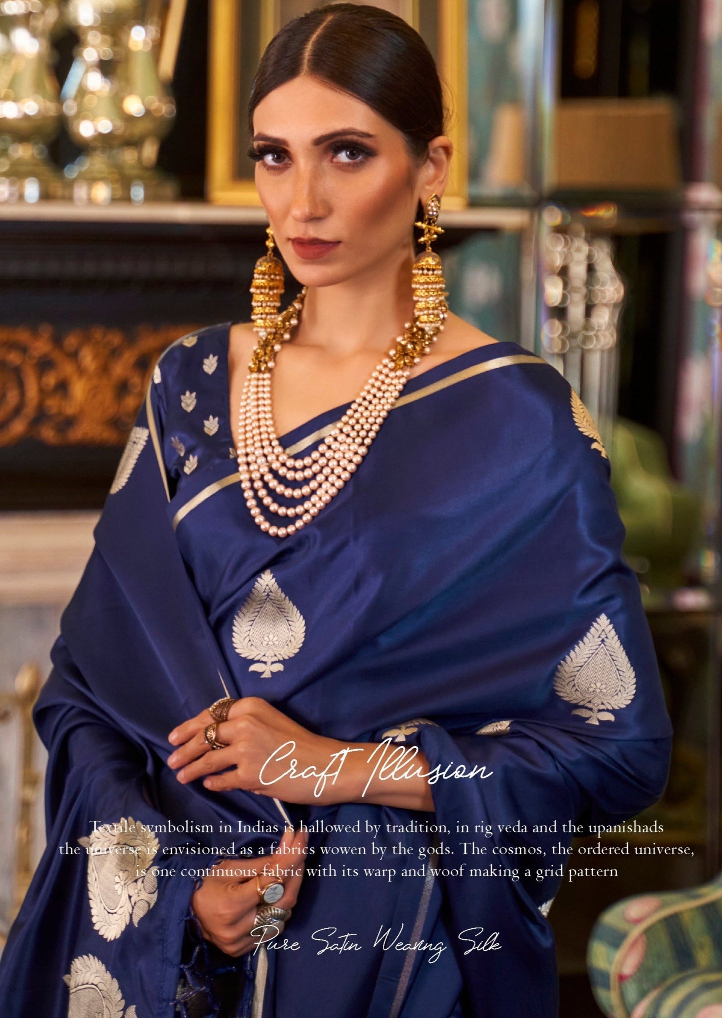 Pure banarasi satin silk royal blue handloom saree online with zari work for wedding.