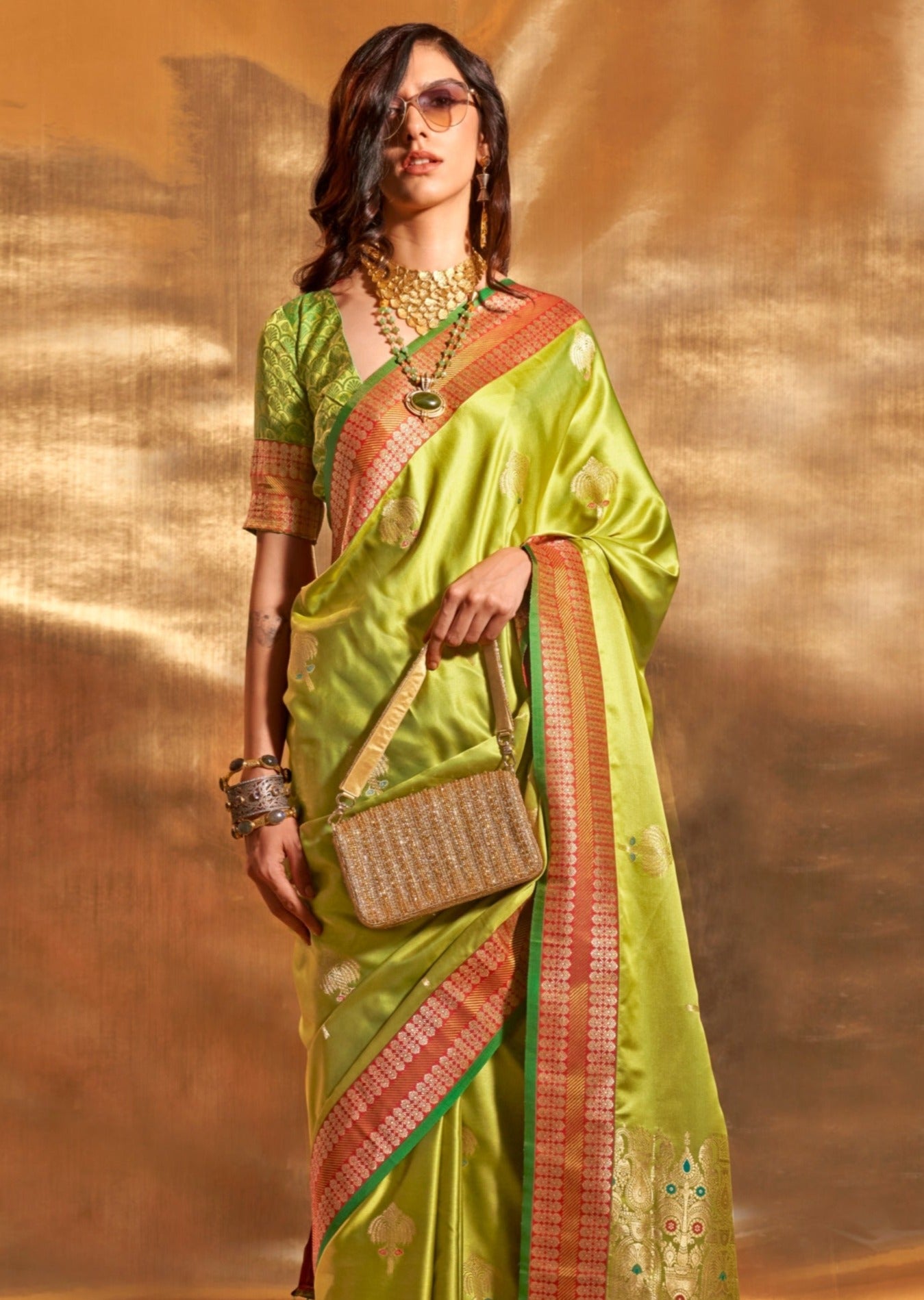 Pure handloom banarasi satin silk parrot green saree with red border online shopping india.