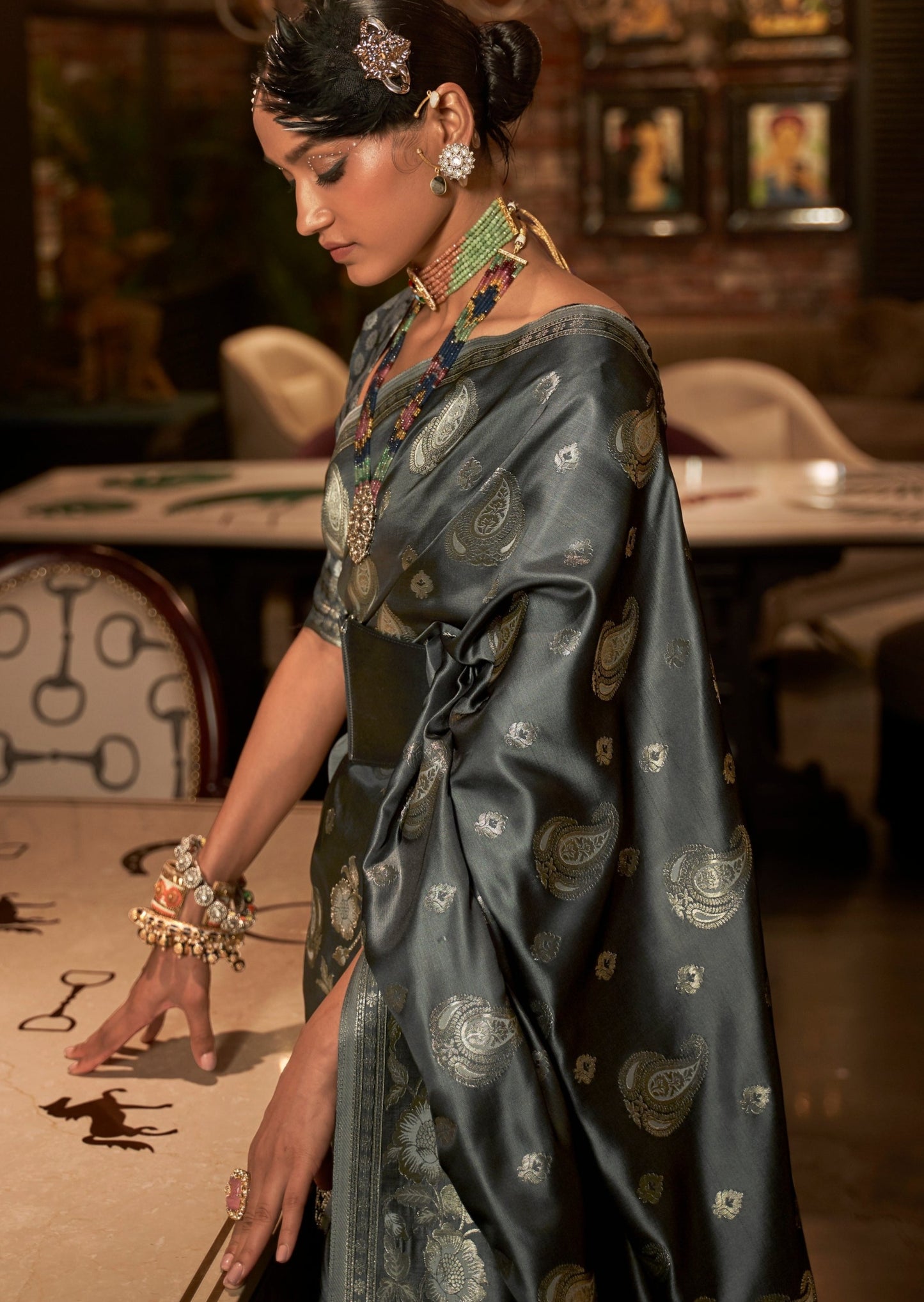 Pure banarasi satin silk silver grey handloom saree online usa designs with price for bride.