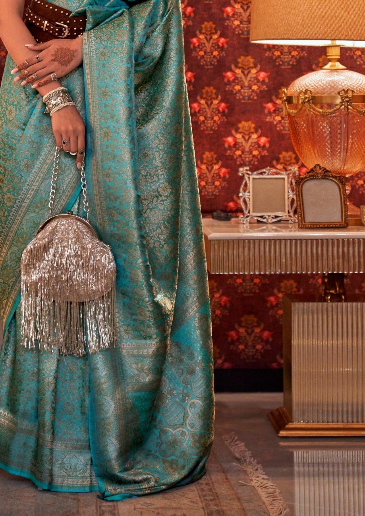 Pure banarasi silk blue handloom bridal saree pallu design online shopping.