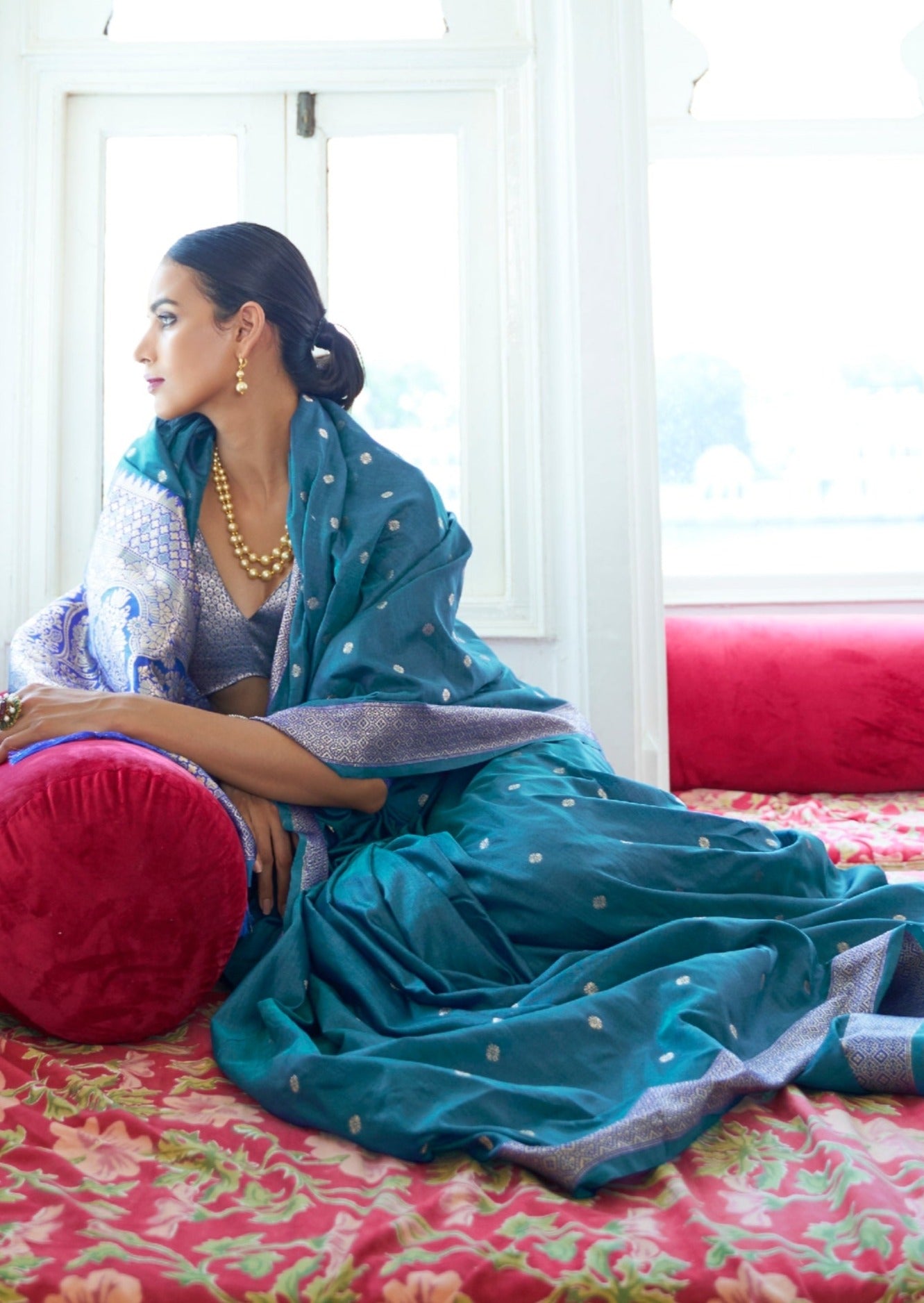 Pure banarasi soft silk teal blue saree online shopping india.
