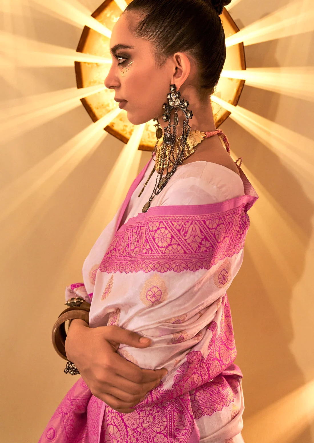 Pure banarasi soft silk white handloom saree with pink border online price.