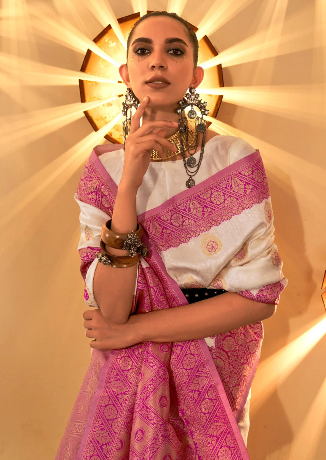 Pure banarasi soft silk white handloom saree with pink border online.