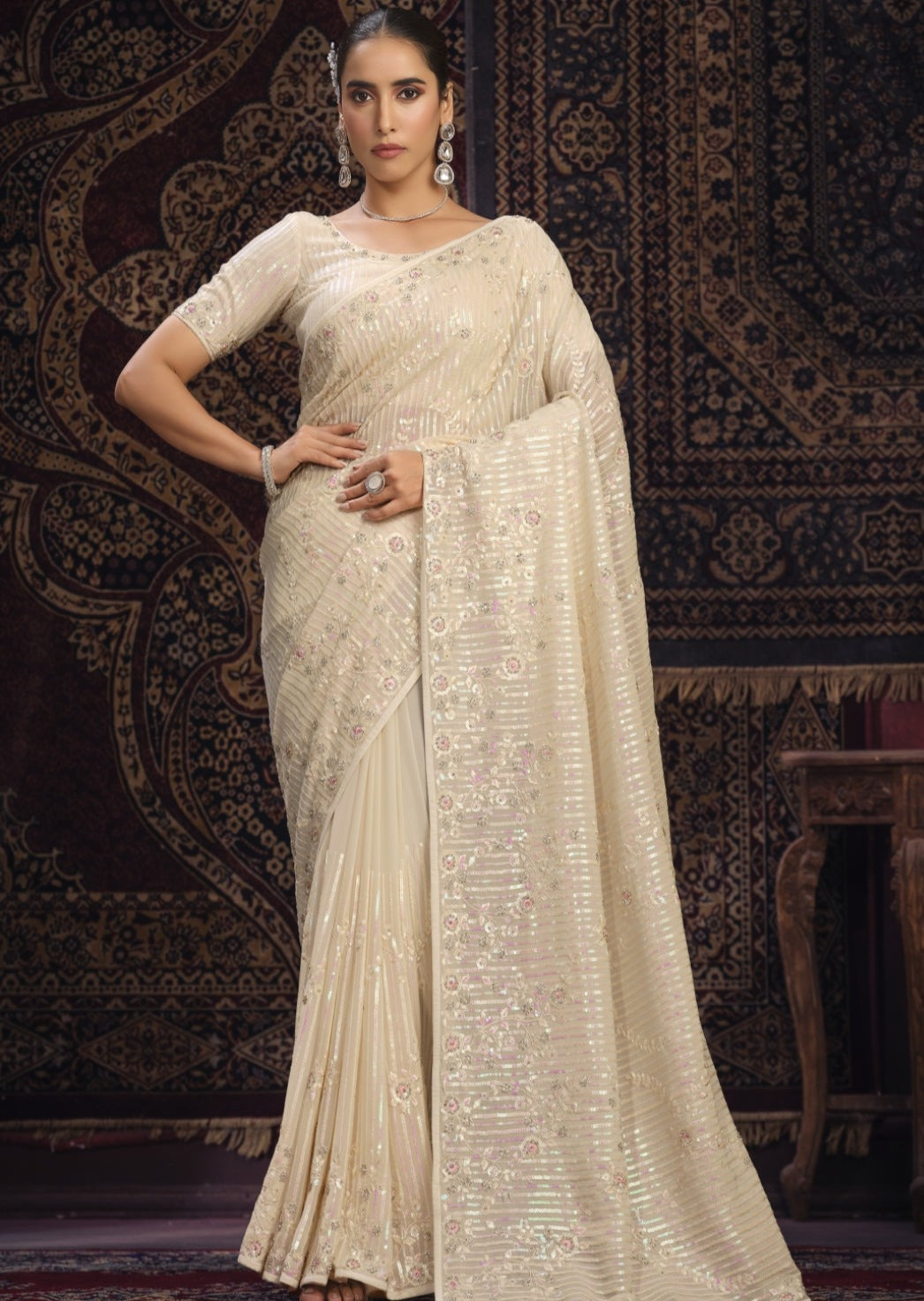 Pure Georgette Sequins Work Cream Partywear Saree