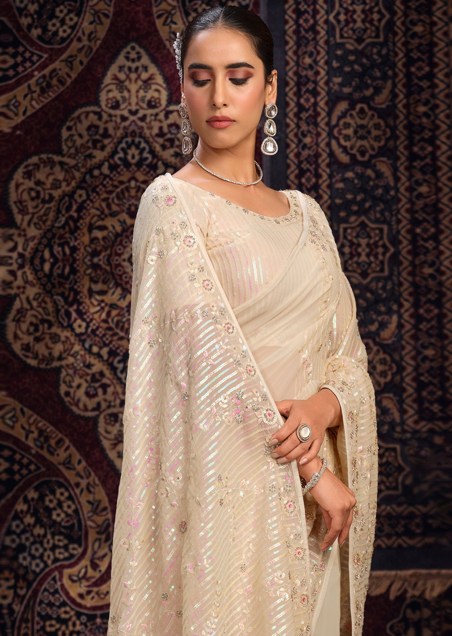 Pure Georgette Sequins Work Cream Partywear Saree