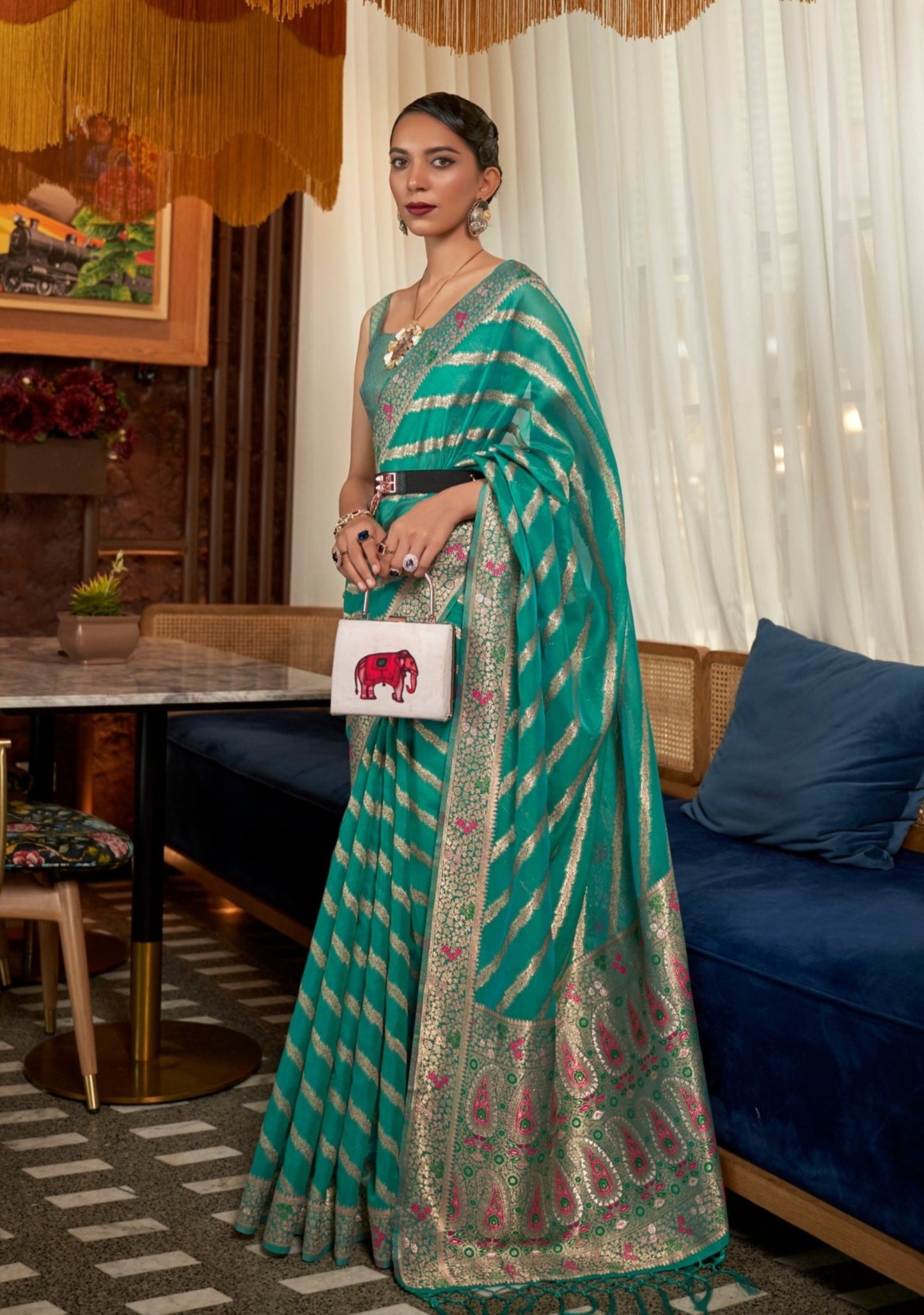 woman in Pure Handloom Banarasi Organza Jade Green Saree