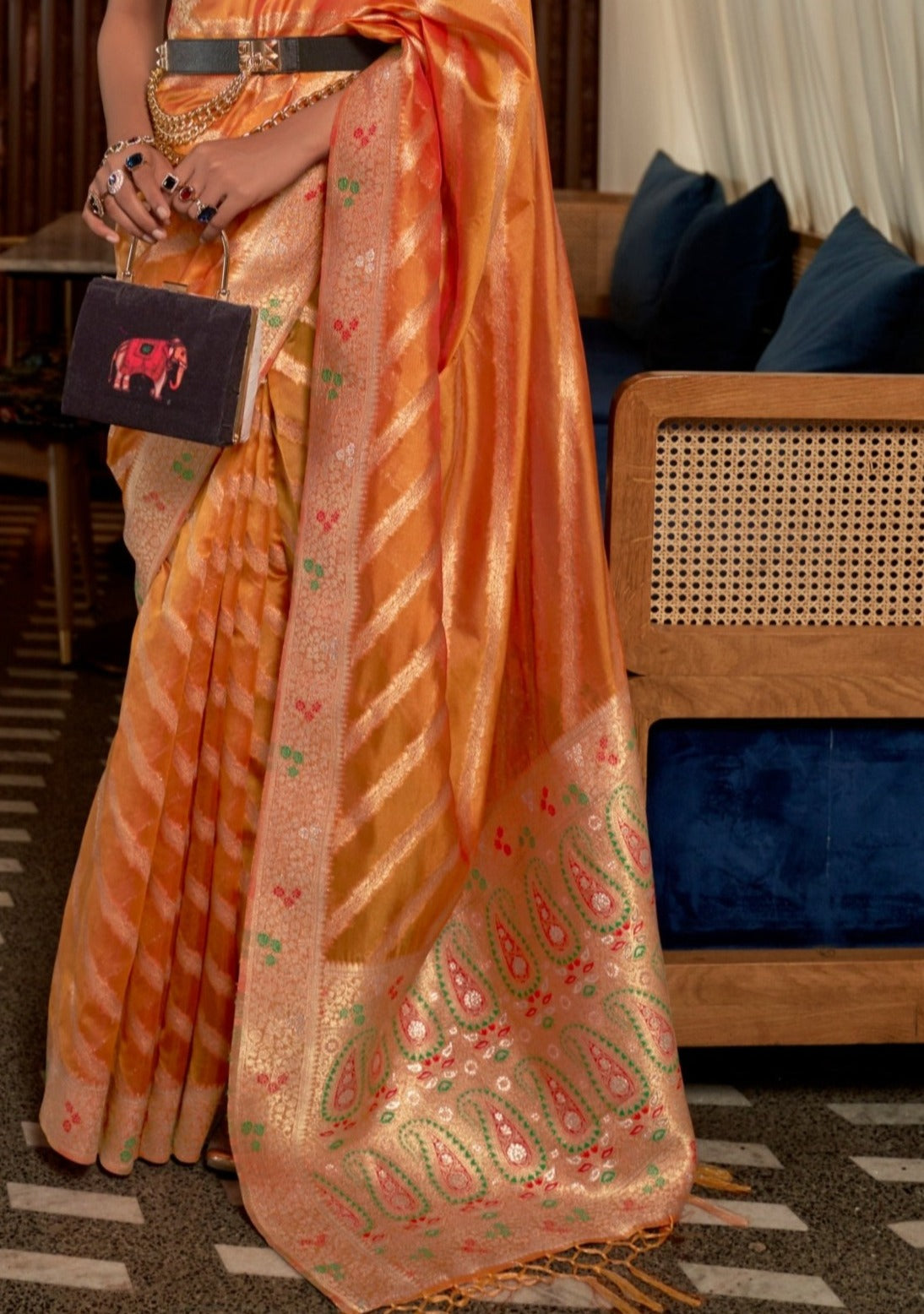 Pure Handloom Banarasi Organza Saffron Orange Saree pallu design in meenakari work