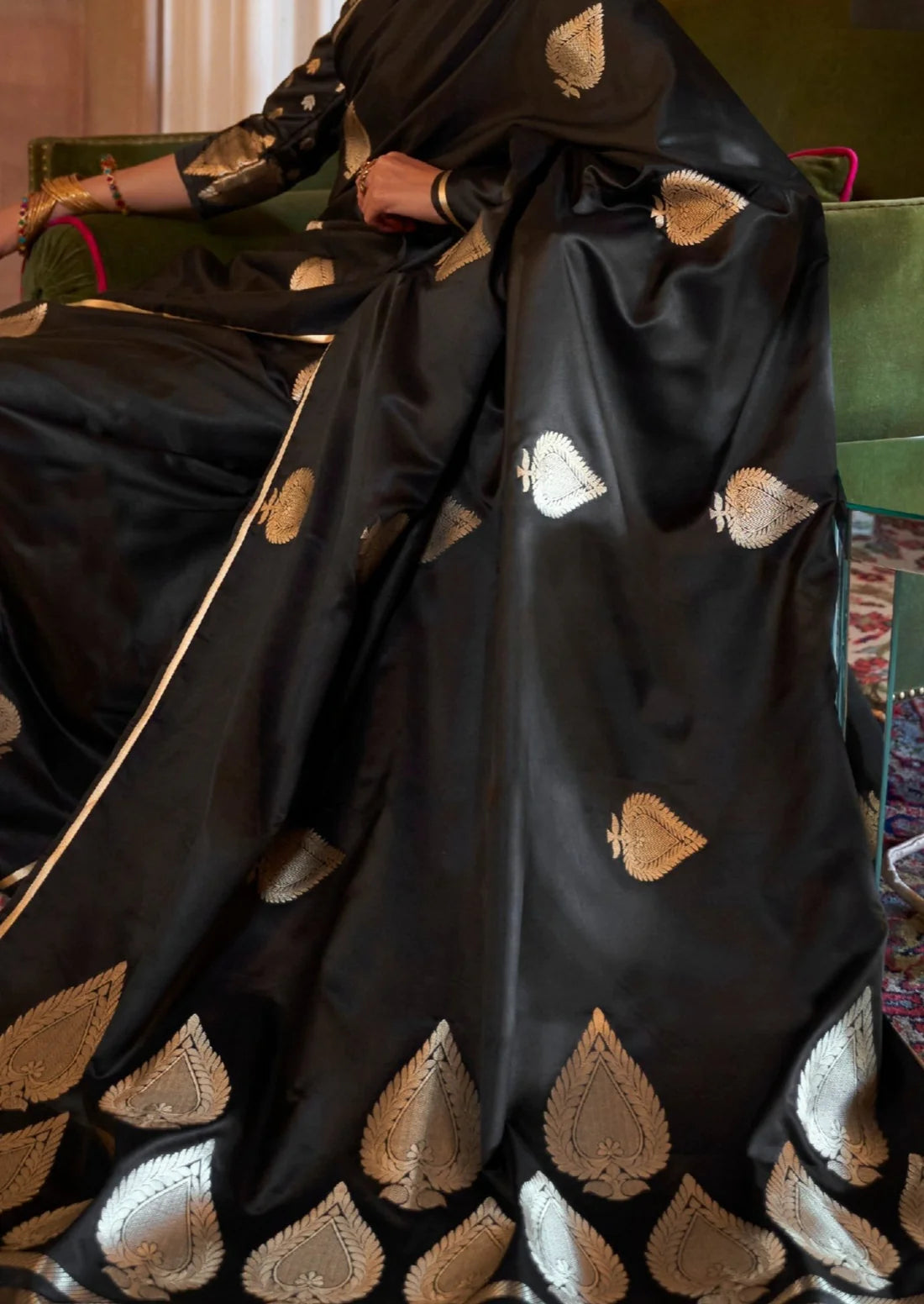 Pure handloom banarasi satin silk black saree design.