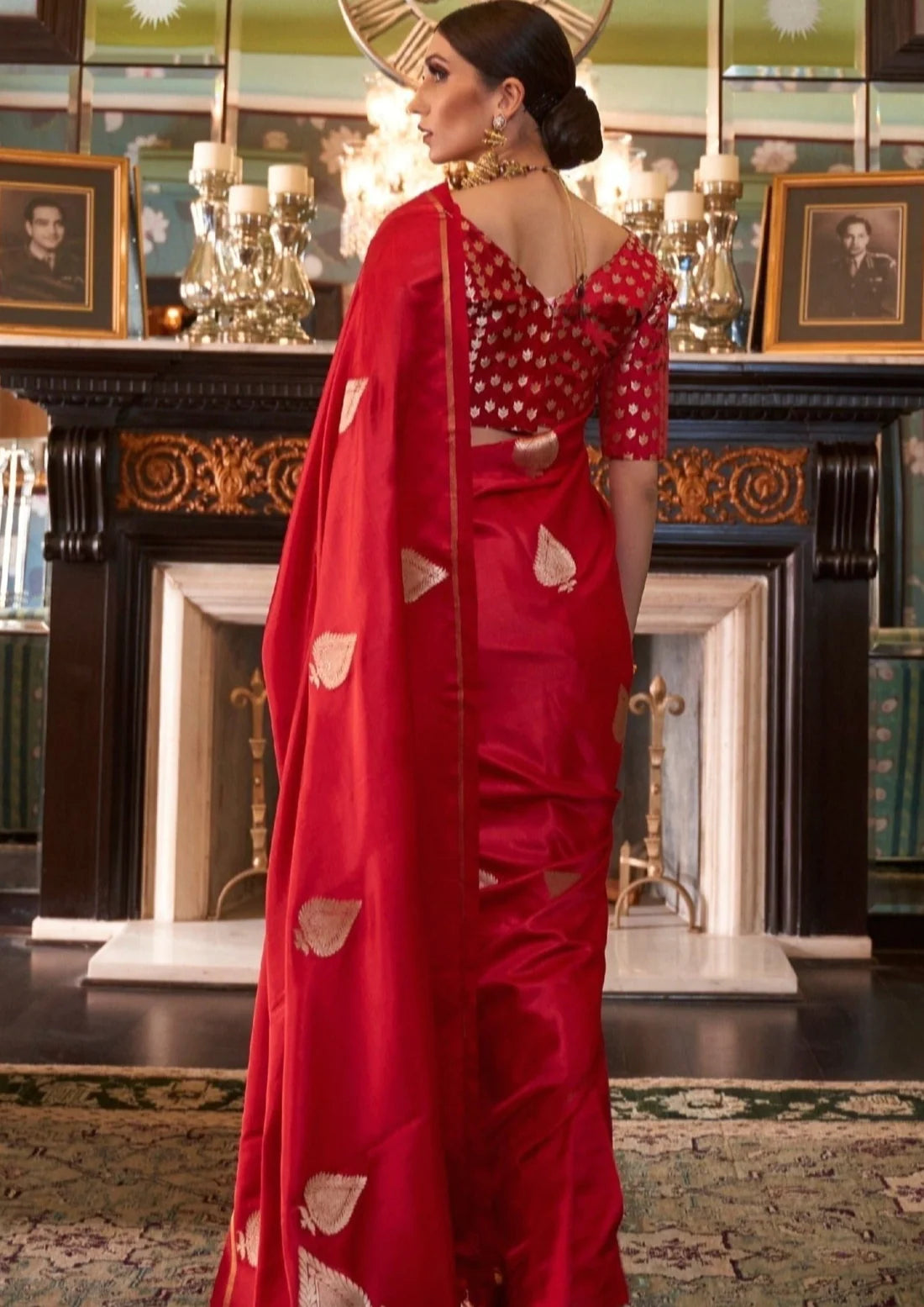 Bride in pure handloom banarasi satin silk red bridal saree blouse.