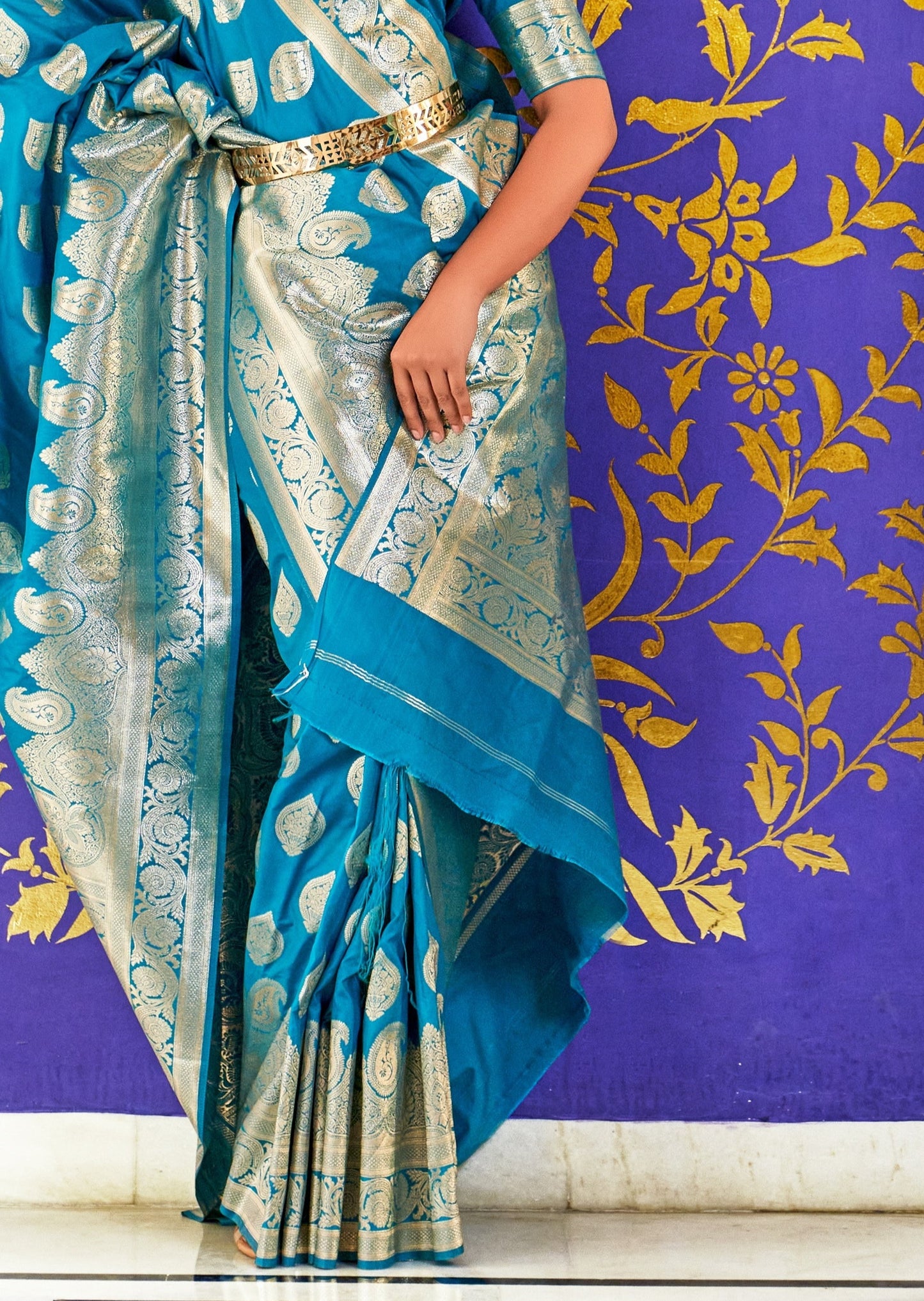 Turquoise blue banarasi silk saree design in usa online shopping.