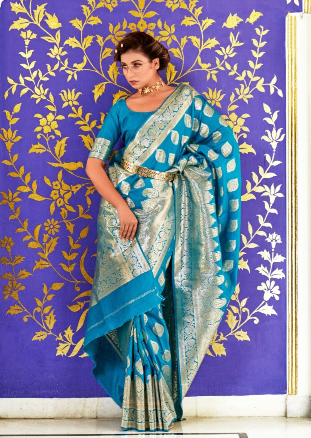 Banarasi Silk Blue Bridal Handloom Saree Online Shopping India USA