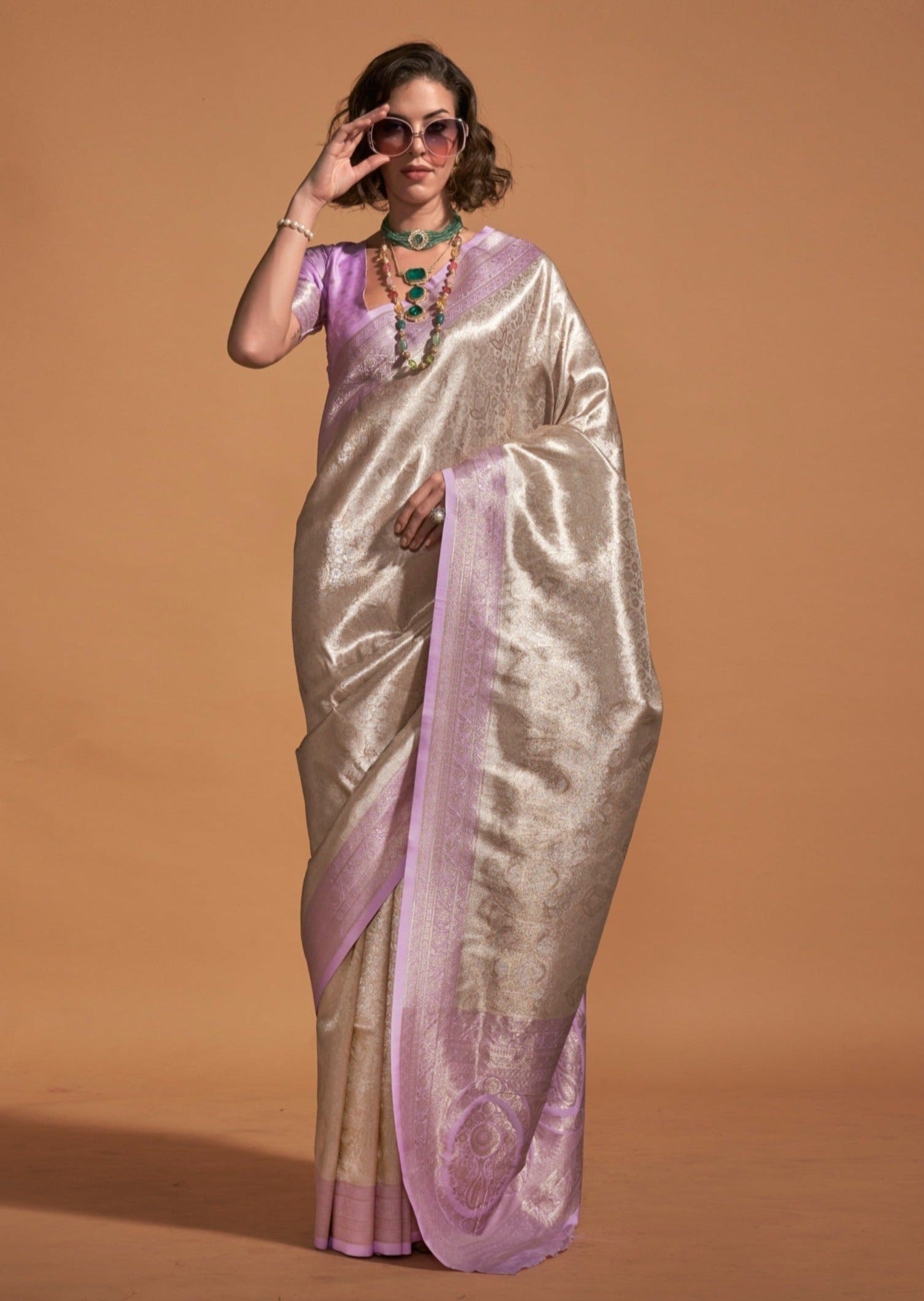 Cream Kanjivaram Silk Readymade/Easy Saree