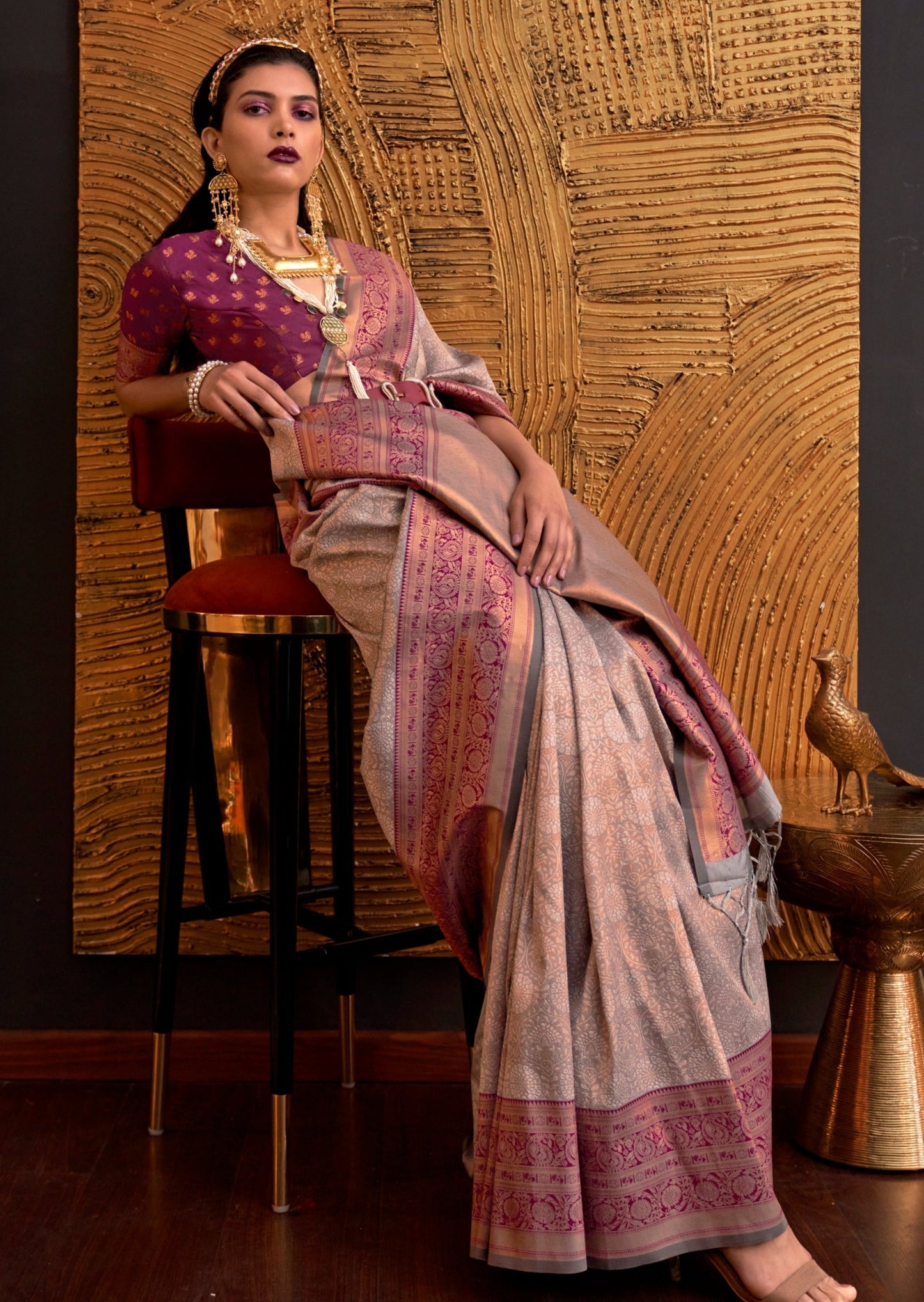 Pure handloom kanjivaram silk grey saree contrast maroon blouse.