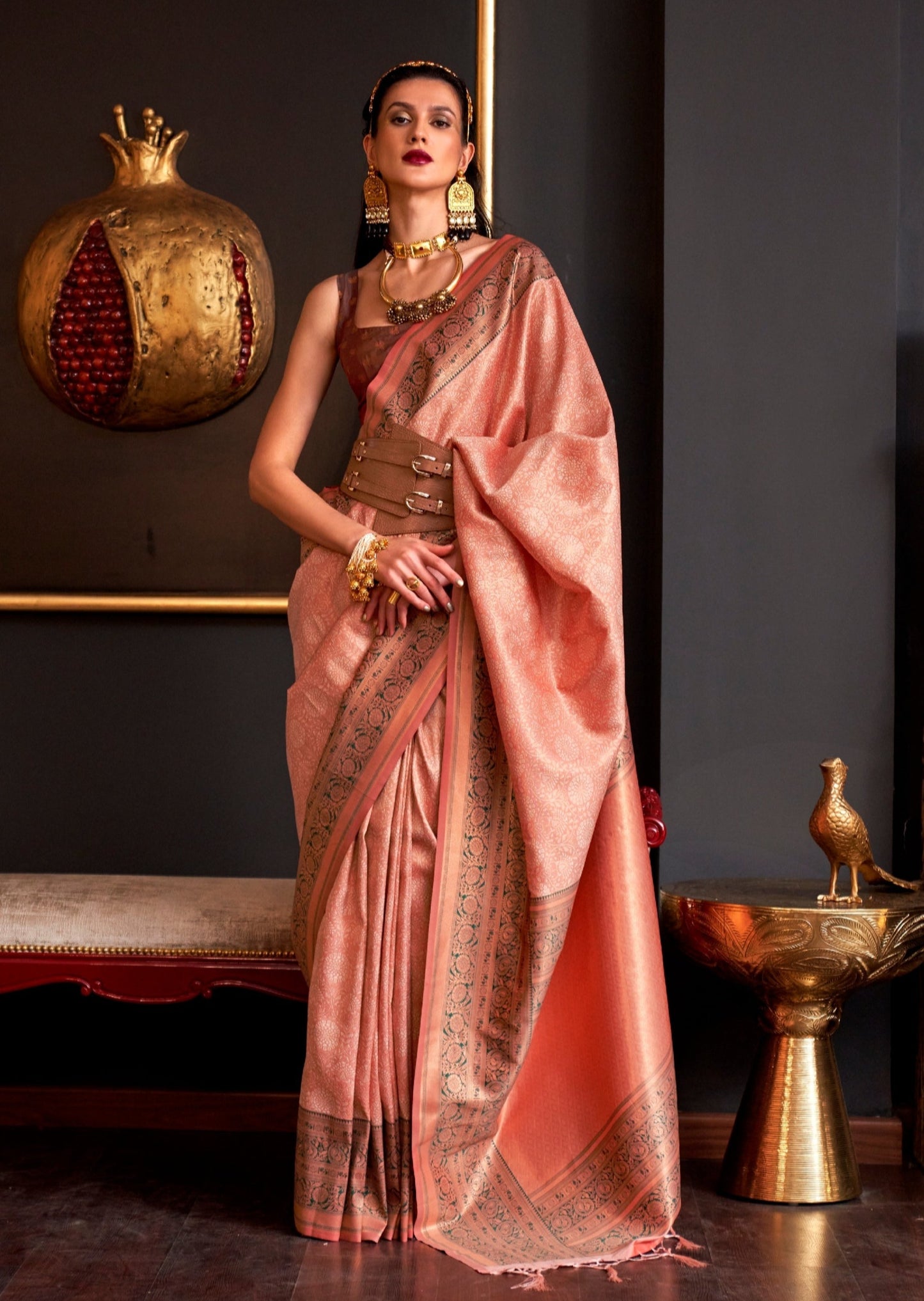 Pure handloom kanjivaram silk peach saree contrast brown blouse.