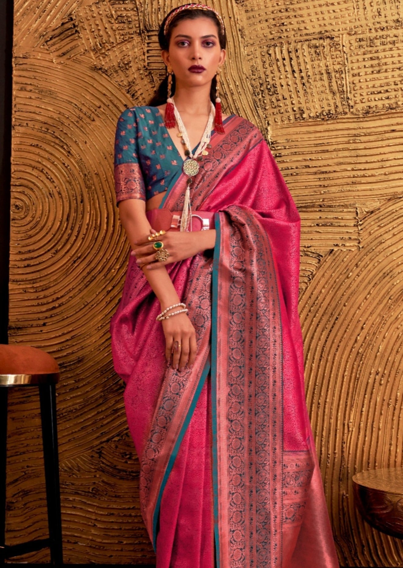 Pure handloom kanjivaram silk red saree contrast blue blouse.