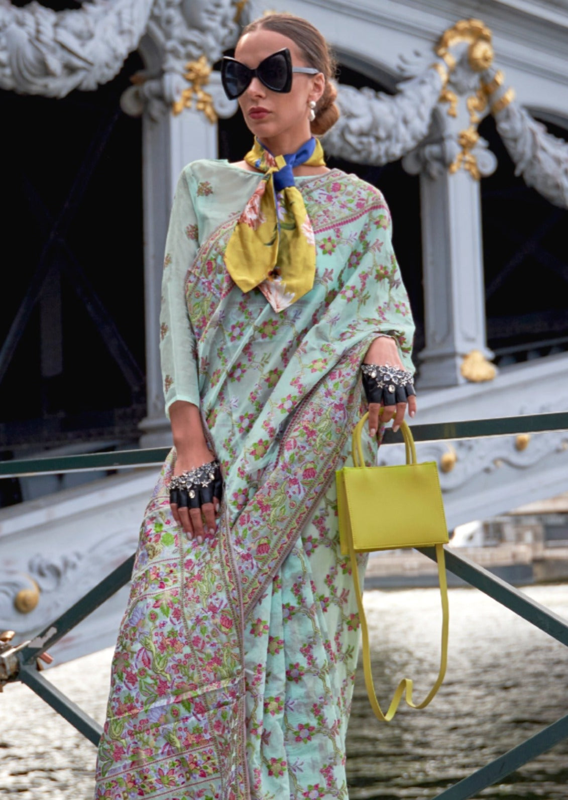 Pure handloom kashmiri organza embroidered bridal blue wedding saree online usa uk.
