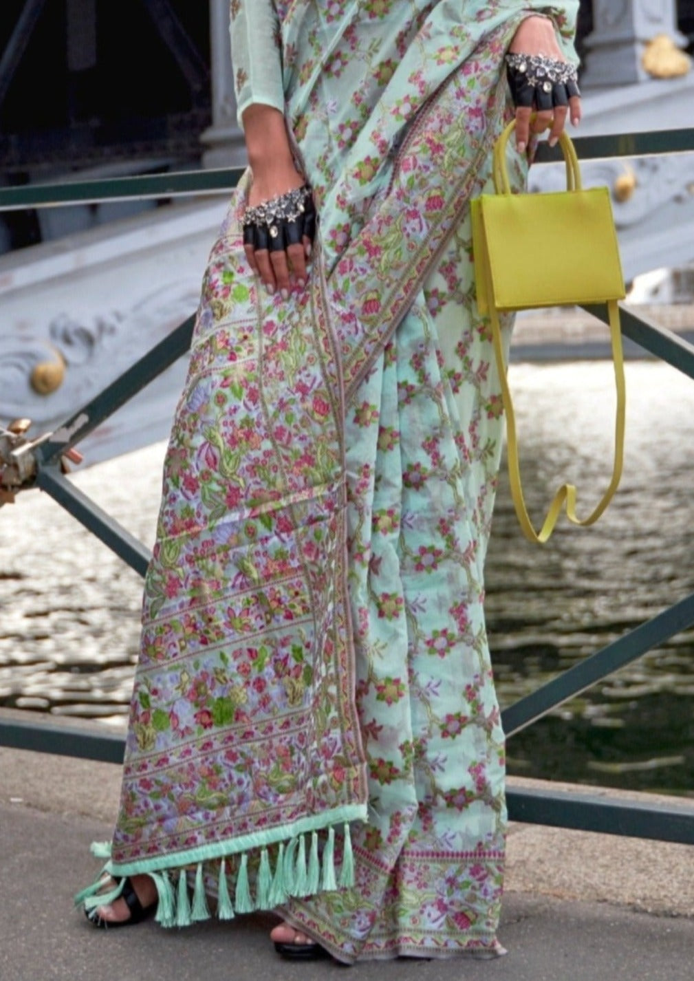 Pure handloom kashmiri organza embroidered bridal saree online usa.