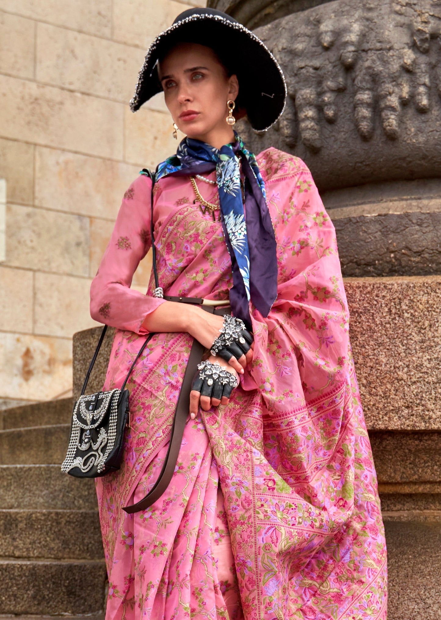 Pure handloom kashmiri organza embroidered bridal pink saree online india usa uae.