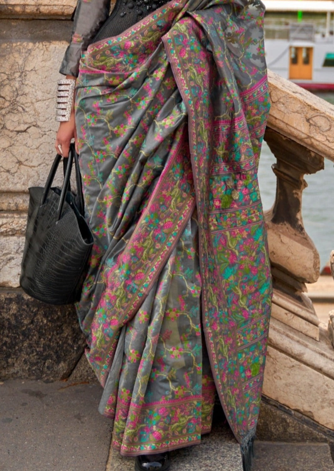 Pure handloom kashmiri organza embroidered grey saree online india usa uk uae sale.